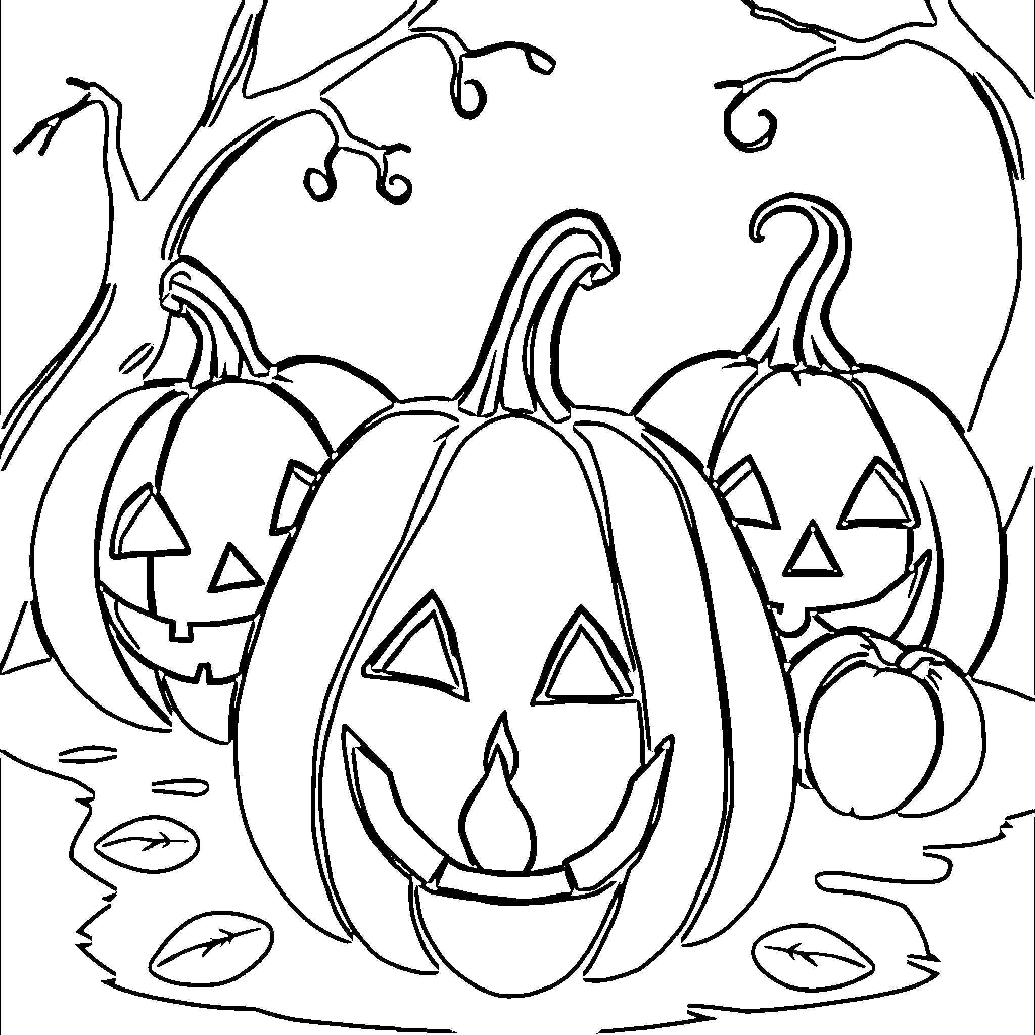 Jack-o'-lanterns in a spooky forest Coloring Page (free black-and-white line drawing printable PDF for all, from beginners to advanced learners, including children, teens, adults, and seniors)