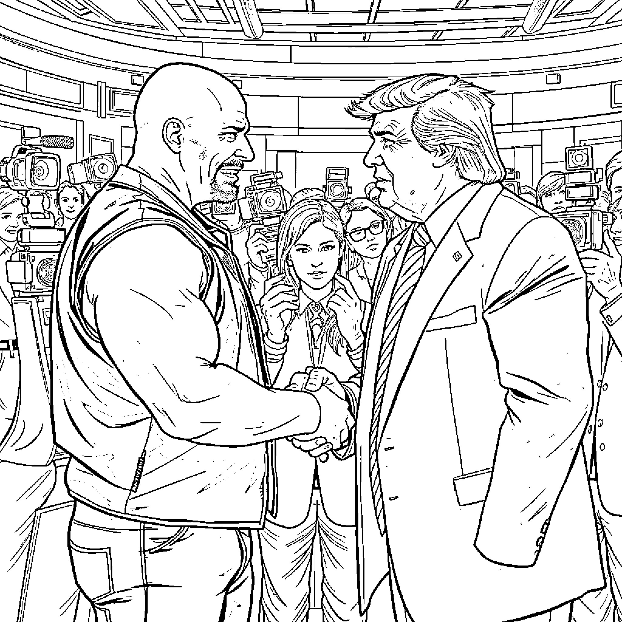 Steve Austin's confrontation with political figures Coloring Page (free black-and-white line drawing printable PDF for all, from beginners to advanced learners, including children, teens, adults, and seniors)