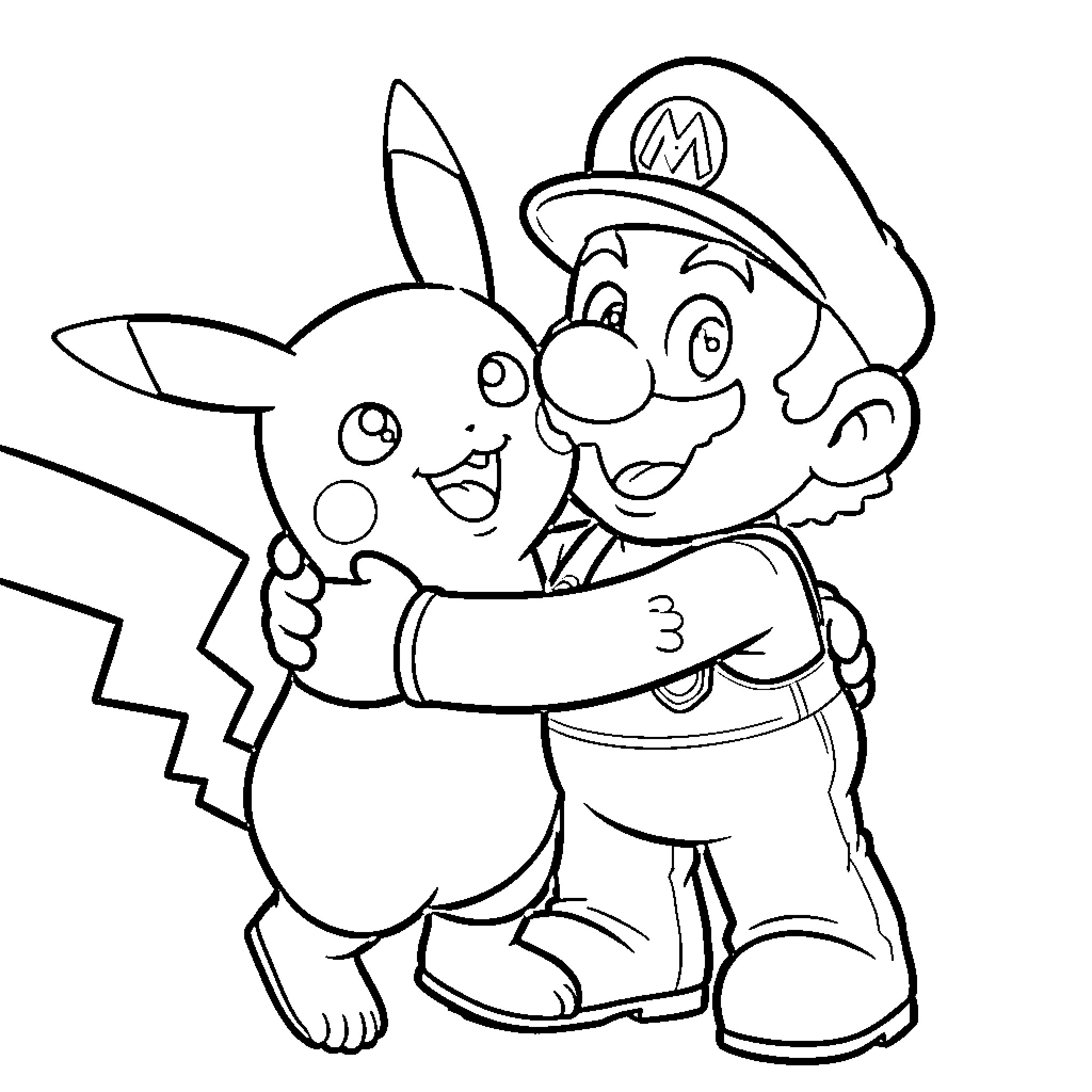 Pikachu and Mario in a friendly embrace Coloring Page (free black-and-white line drawing printable PDF for all, from beginners to advanced learners, including children, teens, adults, and seniors)