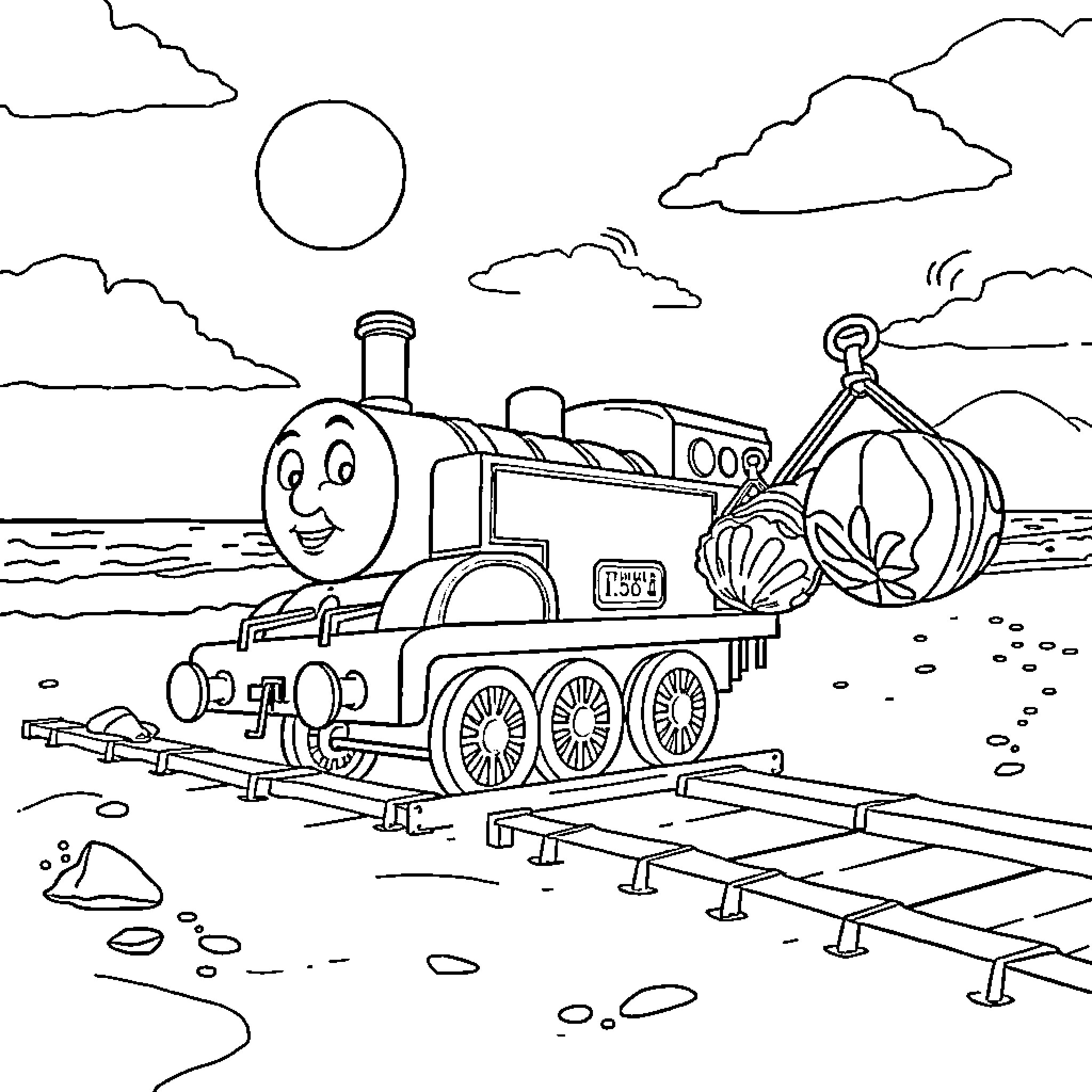 Thomas the Train Engine's Peaceful Landscape Adventure Coloring Page (free black-and-white line drawing printable PDF for all, from beginners to advanced learners, including children, teens, adults, and seniors)