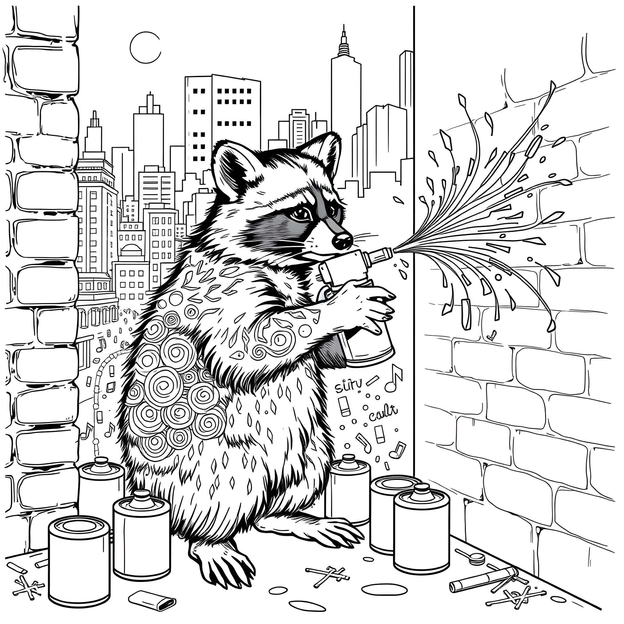 Raccoon Spraying Graffiti on the City Walls Coloring Page (free black-and-white line drawing printable PDF for all, from beginners to advanced learners, including children, teens, adults, and seniors)