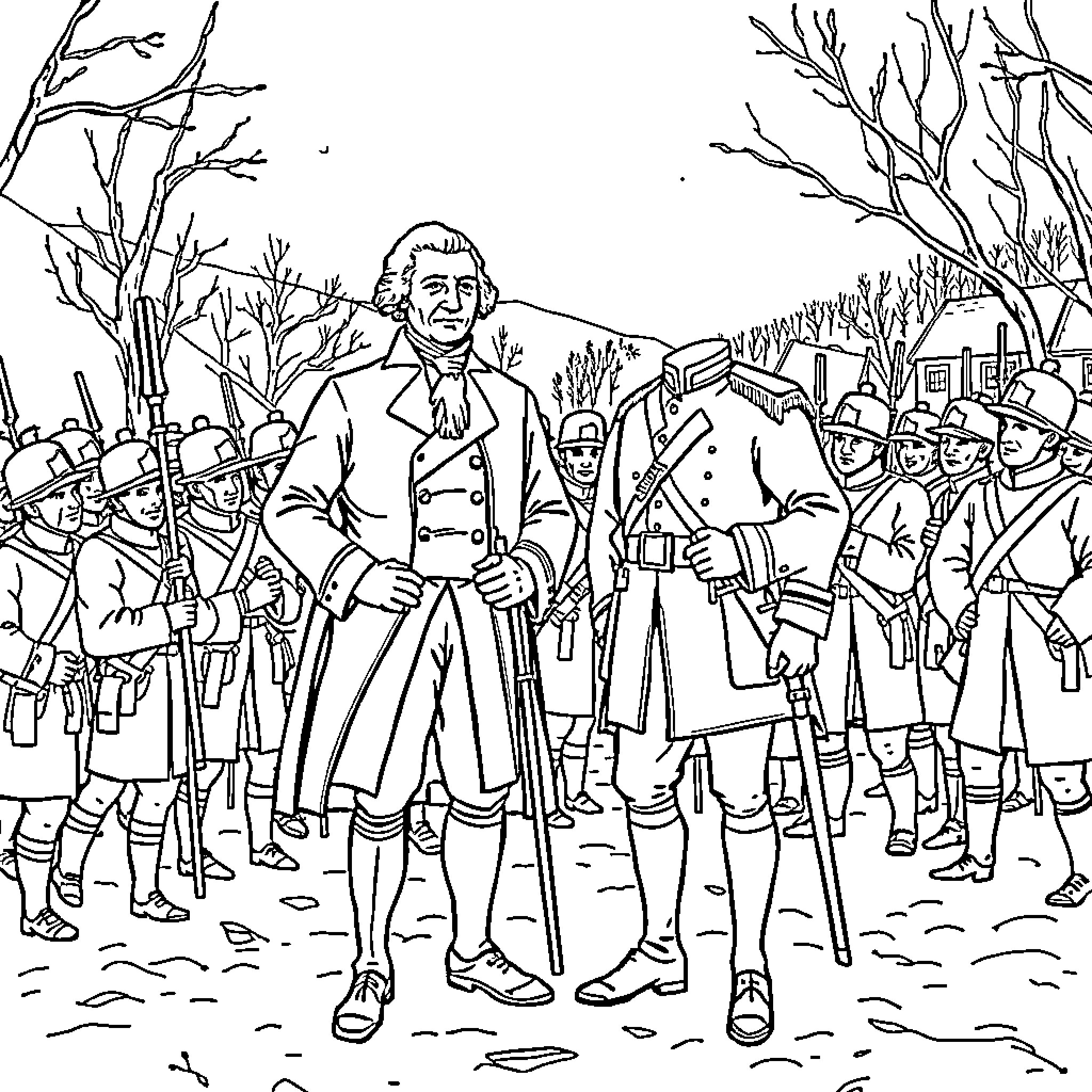 George Washington leading his troops in military formation Coloring Page (free black-and-white line drawing printable PDF for all, from beginners to advanced learners, including children, teens, adults, and seniors)