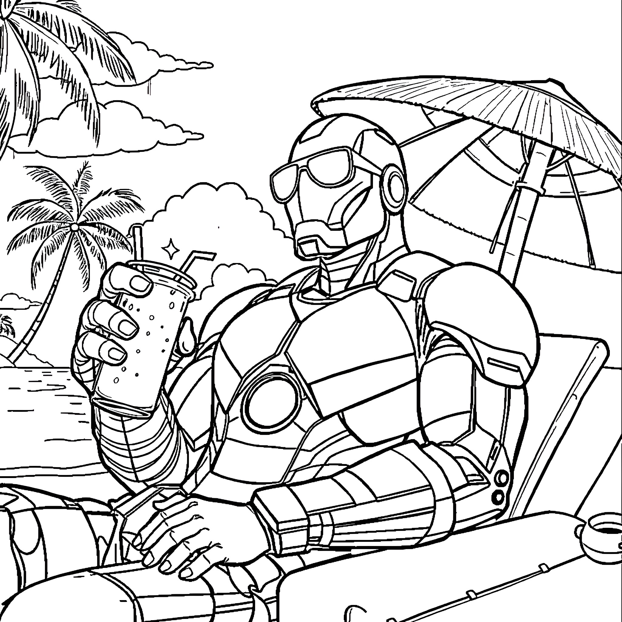 Iron Man relaxing on the beach with accessories Coloring Page (free black-and-white line drawing printable PDF for all, from beginners to advanced learners, including children, teens, adults, and seniors)