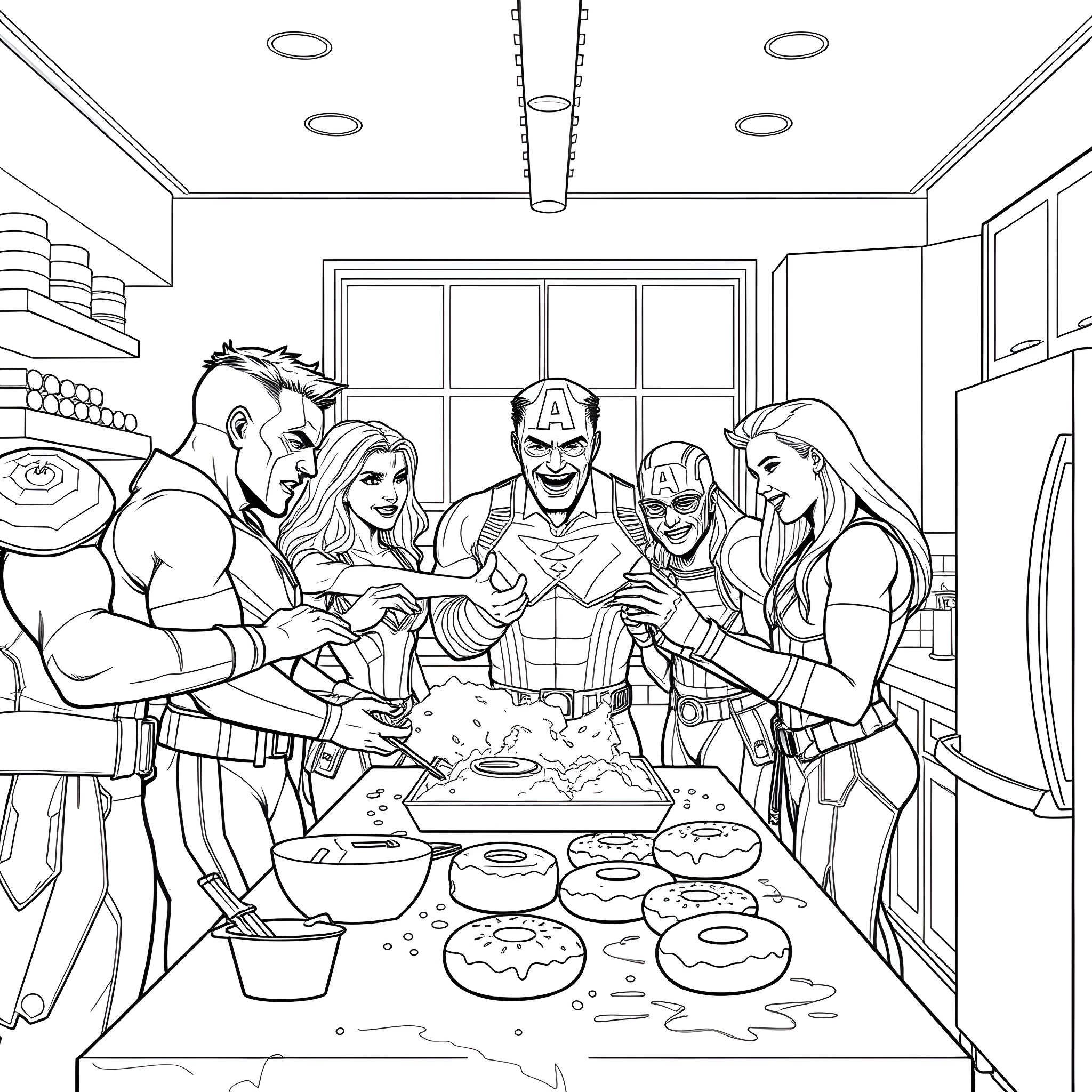 Avengers Sharing a Meal Together Coloring Page (free black-and-white line drawing printable PDF for all, from beginners to advanced learners, including children, teens, adults, and seniors)