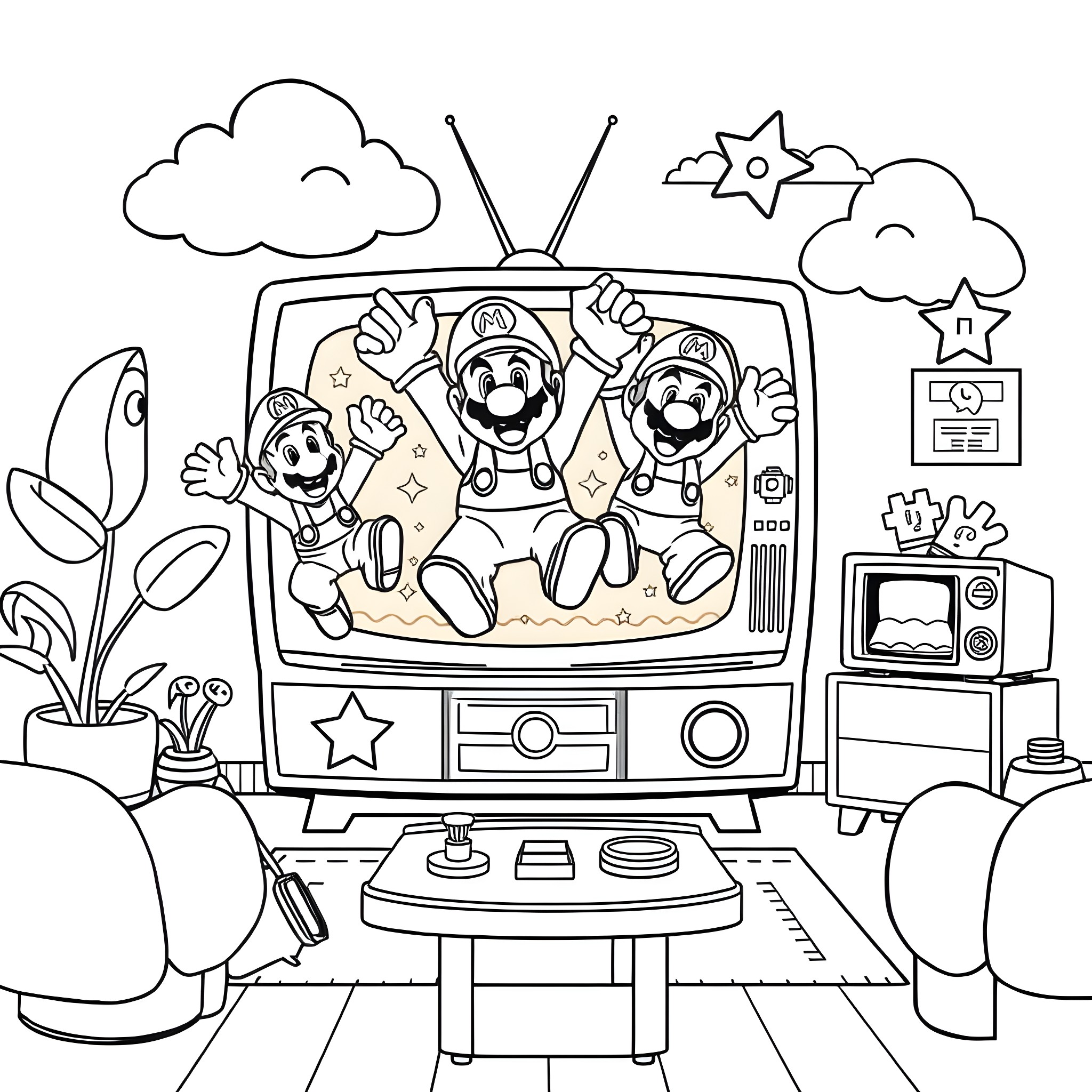 Mario and Luigi playing on a vintage television Coloring Page (free black-and-white line drawing printable PDF for all, from beginners to advanced learners, including children, teens, adults, and seniors)