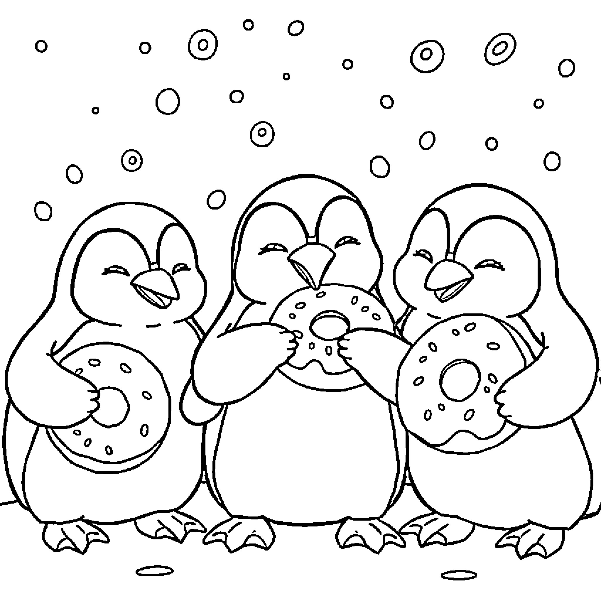 Penguins enjoying donuts in a snowy scene Coloring Page (free black-and-white line drawing printable PDF for all, from beginners to advanced learners, including children, teens, adults, and seniors)