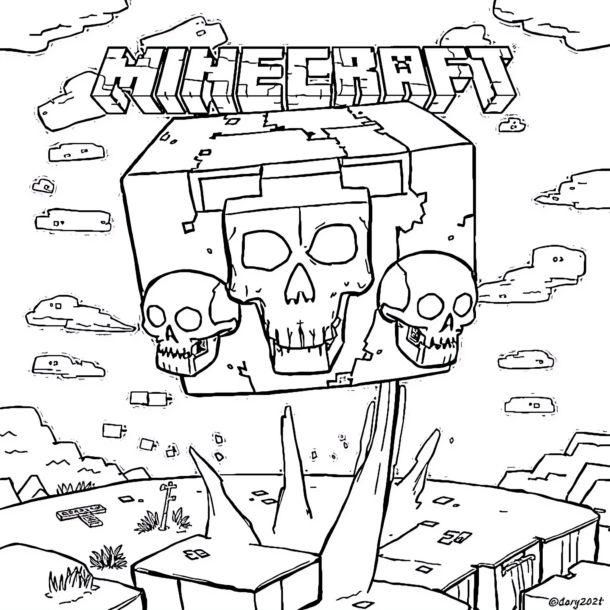 Wither's Haunting Landscape Coloring Page (free black-and-white line drawing printable PDF for all, from beginners to advanced learners, including children, teens, adults, and seniors)