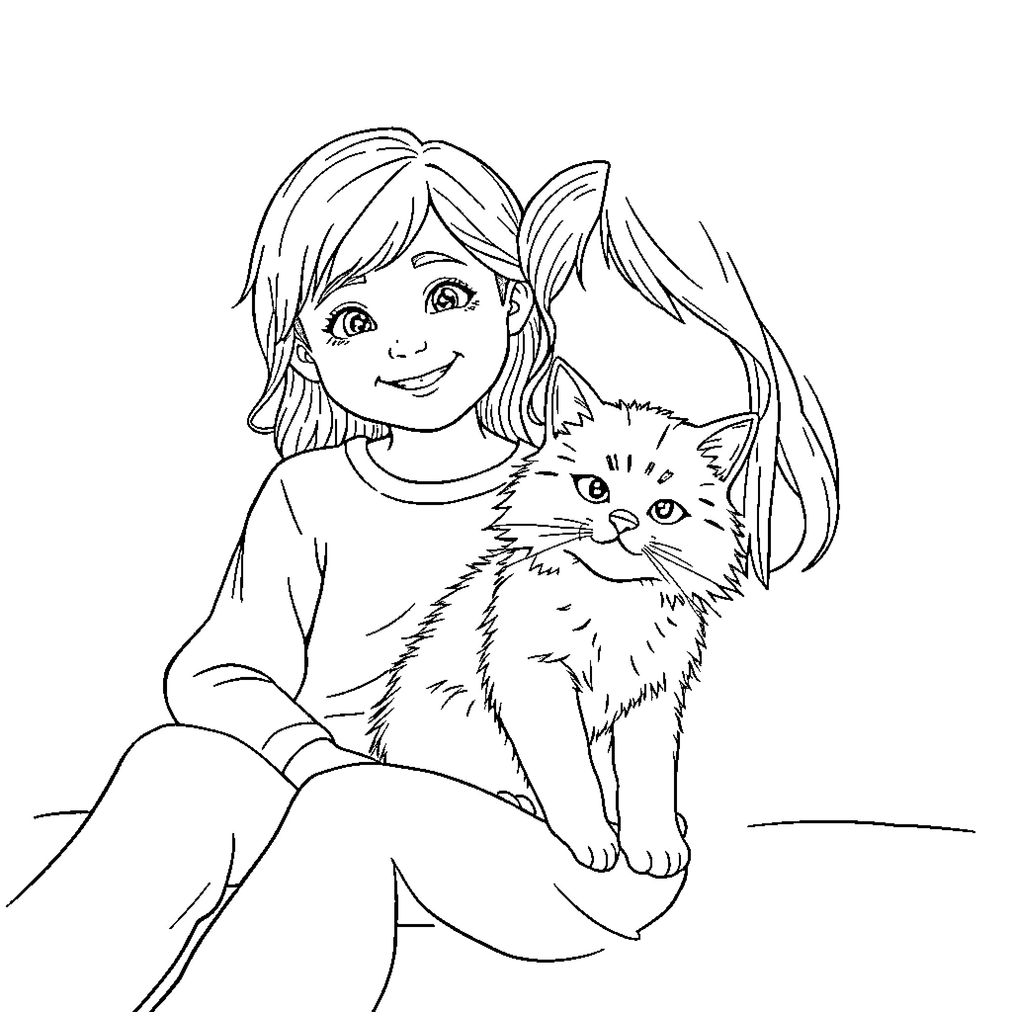 Girl Petting Adorable Kitten Coloring Page (free black-and-white line drawing printable PDF for all, from beginners to advanced learners, including children, teens, adults, and seniors)