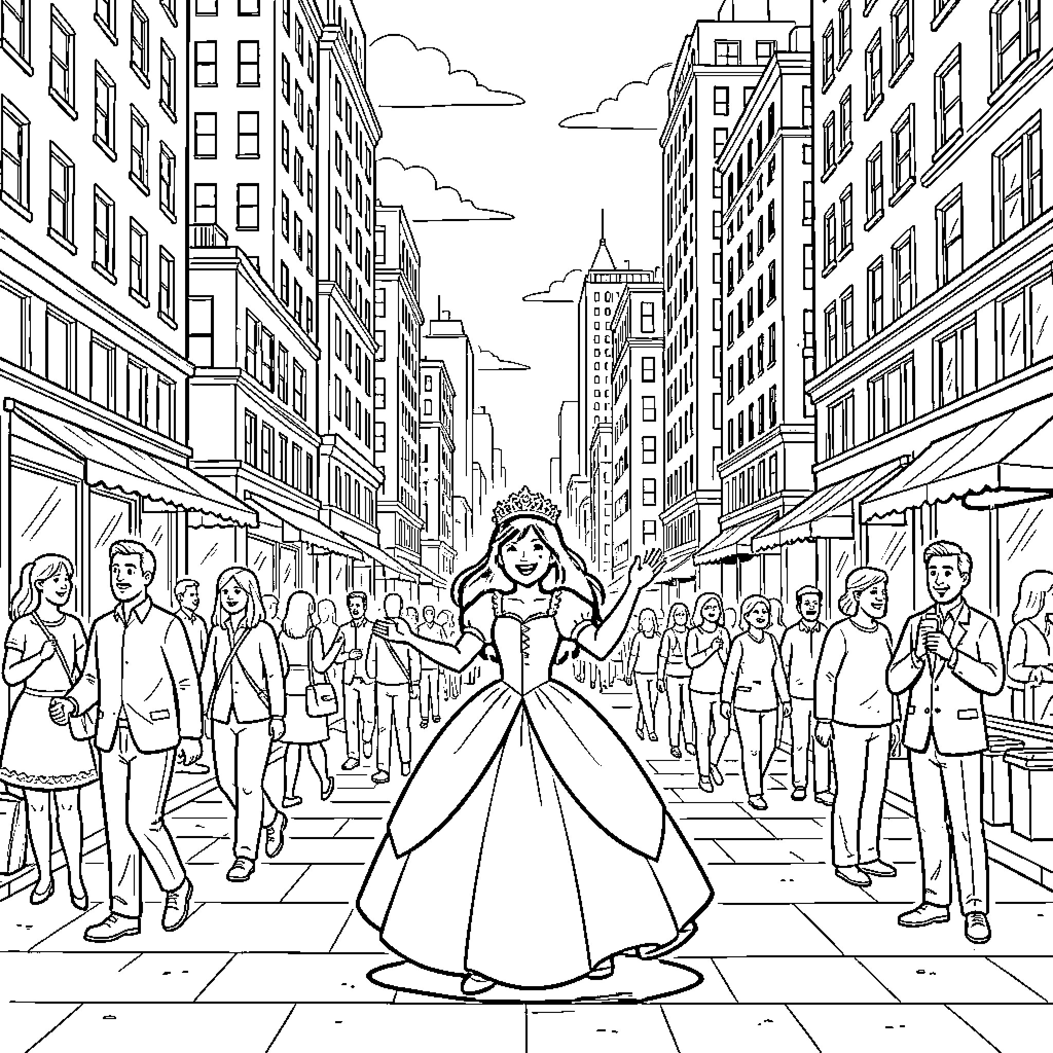 Princess dancing happily amidst a busy city street Coloring Page (free black-and-white line drawing printable PDF for all, from beginners to advanced learners, including children, teens, adults, and seniors)
