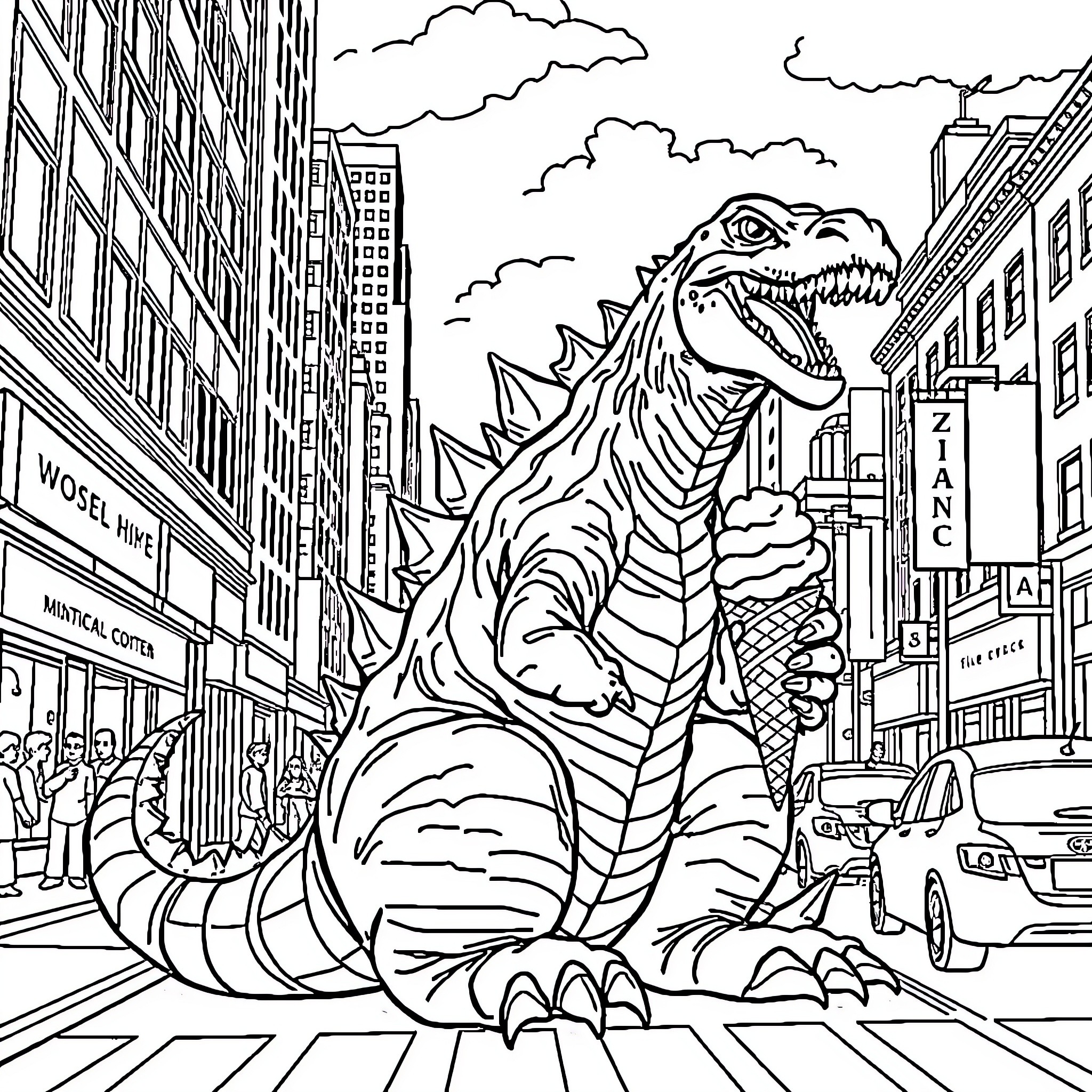 Godzilla rampaging through the city streets Coloring Page (free black-and-white line drawing printable PDF for all, from beginners to advanced learners, including children, teens, adults, and seniors)