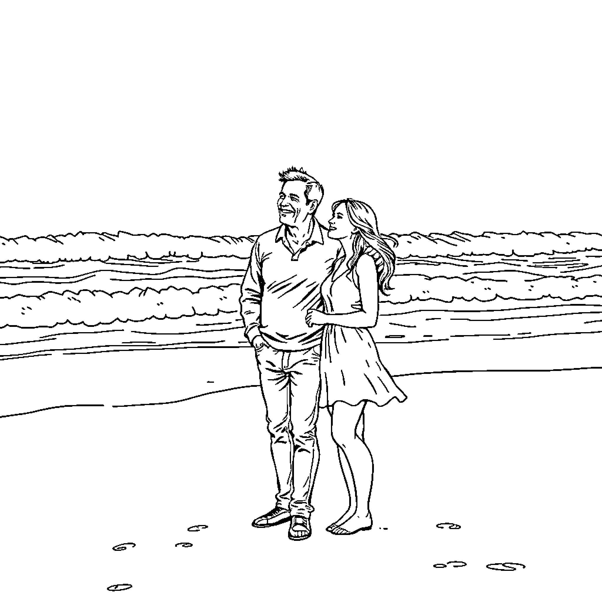 Couple enjoying a romantic beach walk Coloring Page (free black-and-white line drawing printable PDF for all, from beginners to advanced learners, including children, teens, adults, and seniors)