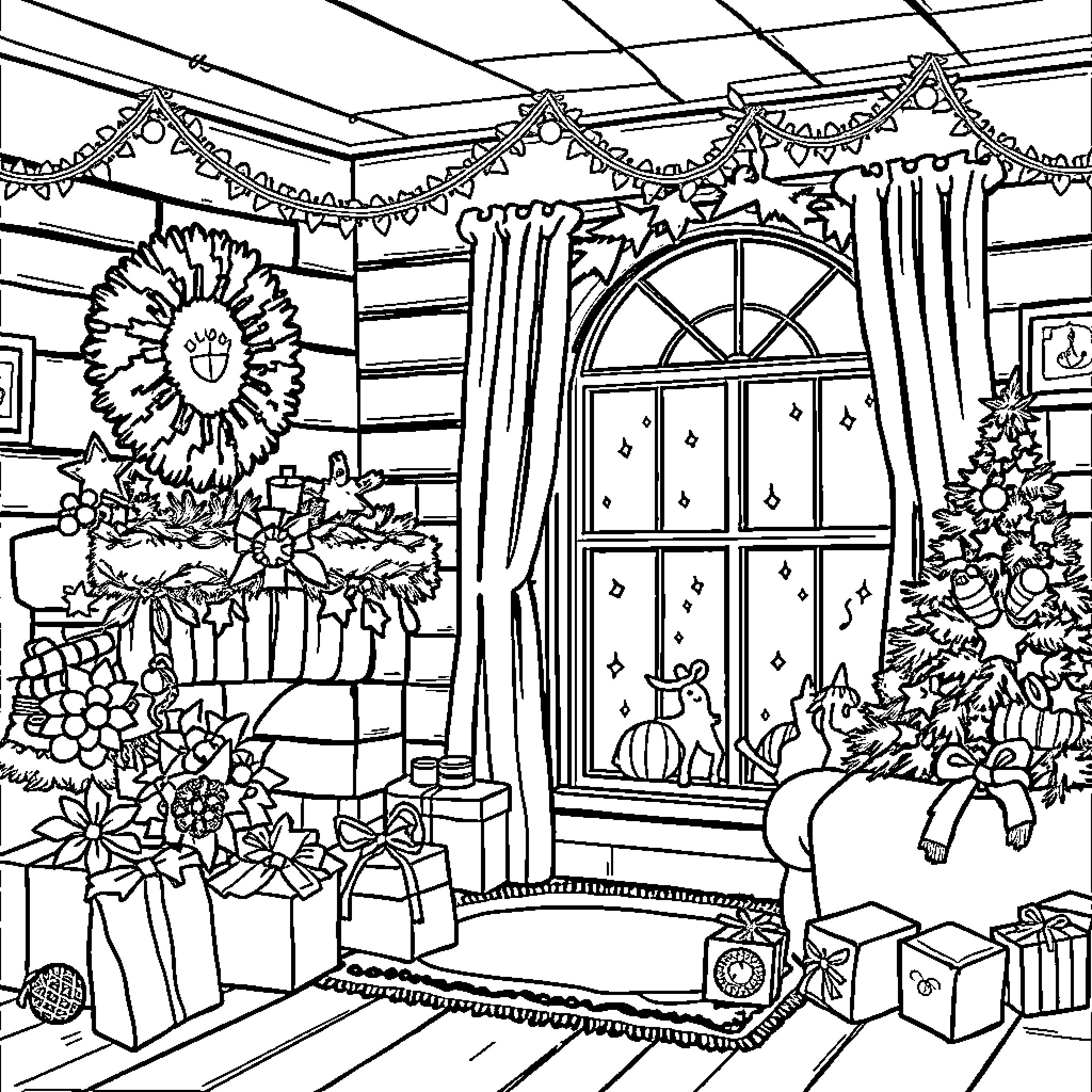 Christmas scene with festive decorations and gifts Coloring Page (free black-and-white line drawing printable PDF for all, from beginners to advanced learners, including children, teens, adults, and seniors)