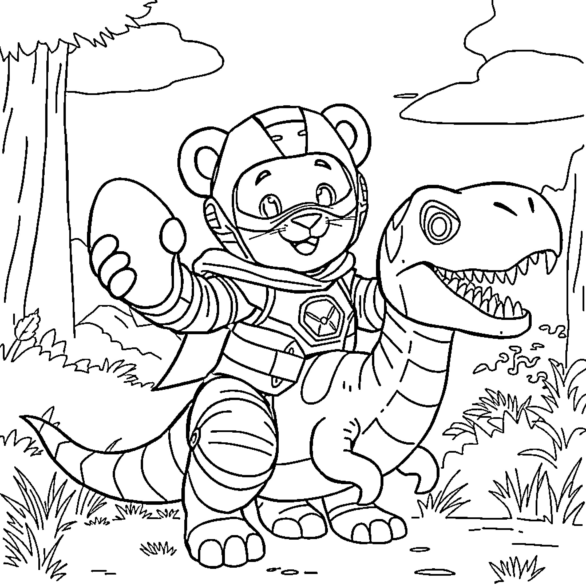 Daniel Tiger exploring the wilderness with a dinosaur friend Coloring Page (free black-and-white line drawing printable PDF for all, from beginners to advanced learners, including children, teens, adults, and seniors)
