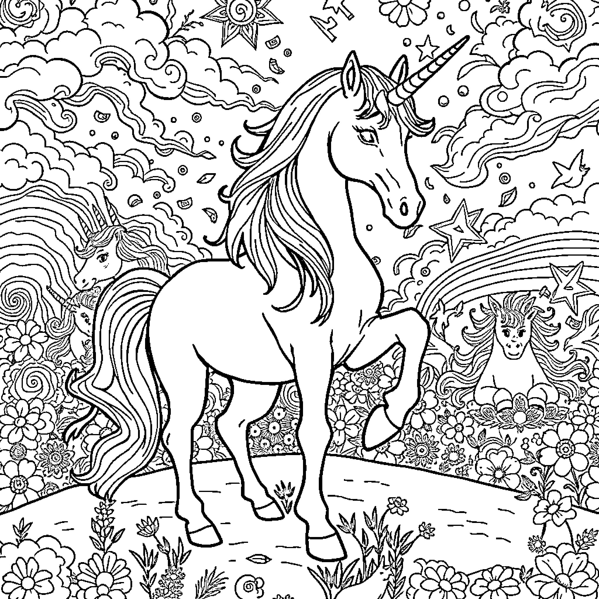 Unicorn dancing amidst whimsical floral landscape Coloring Page (free black-and-white line drawing printable PDF for all, from beginners to advanced learners, including children, teens, adults, and seniors)