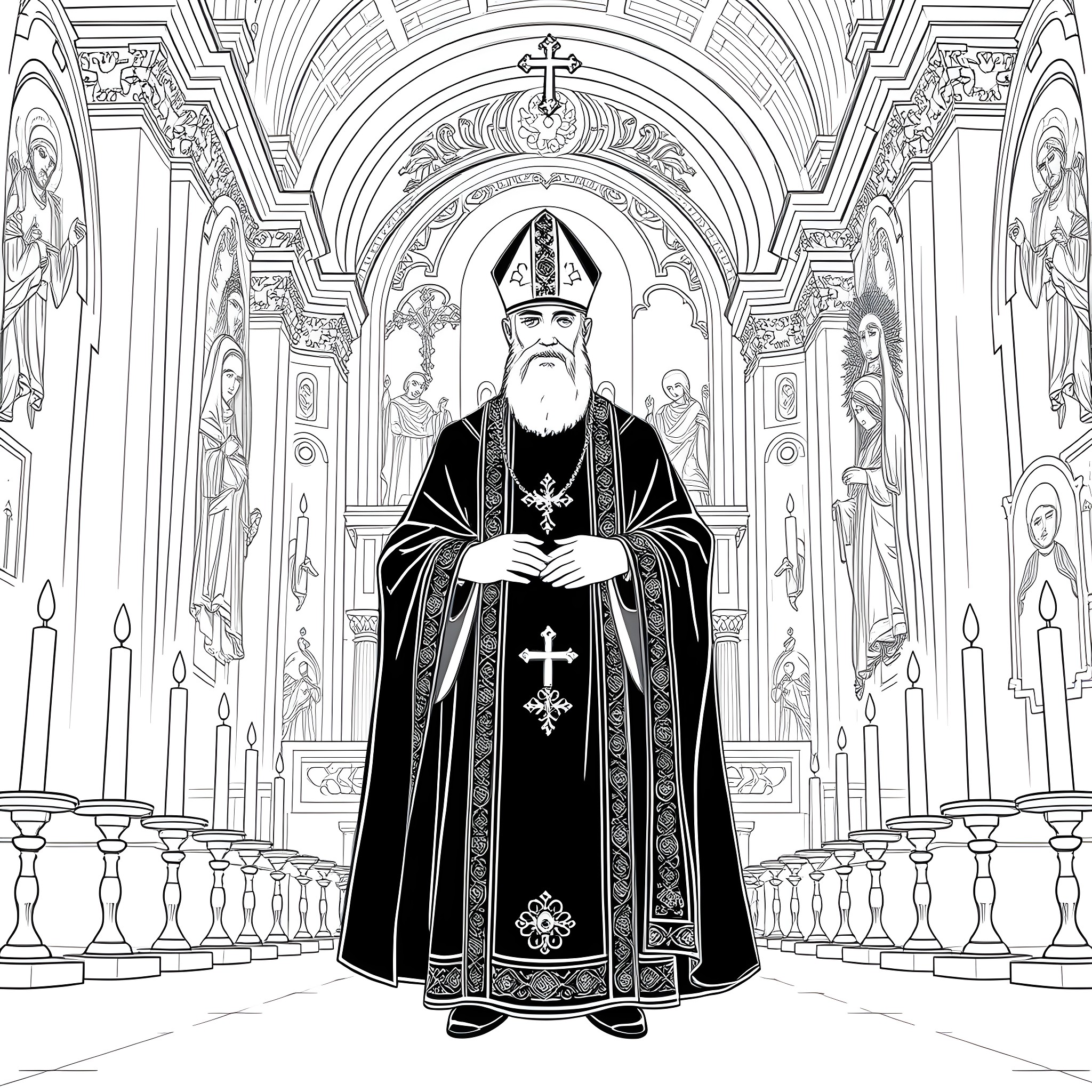 Orthodox Priest Performing Religious Ceremony in Ornate Cathedral Coloring Page (free black-and-white line drawing printable PDF for all, from beginners to advanced learners, including children, teens, adults, and seniors)
