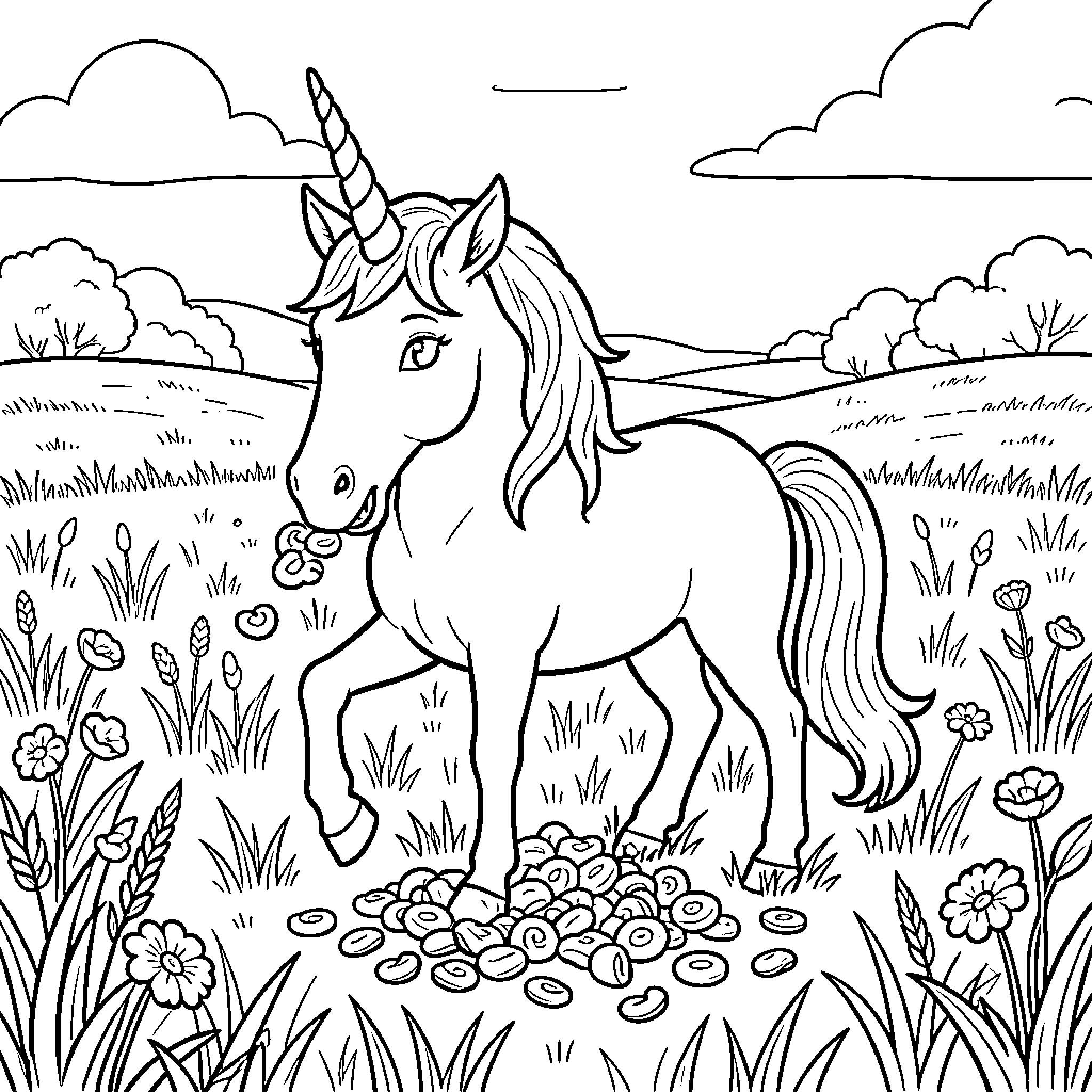 Unicorn standing in a meadow surrounded by flowers Coloring Page (free black-and-white line drawing printable PDF for all, from beginners to advanced learners, including children, teens, adults, and seniors)