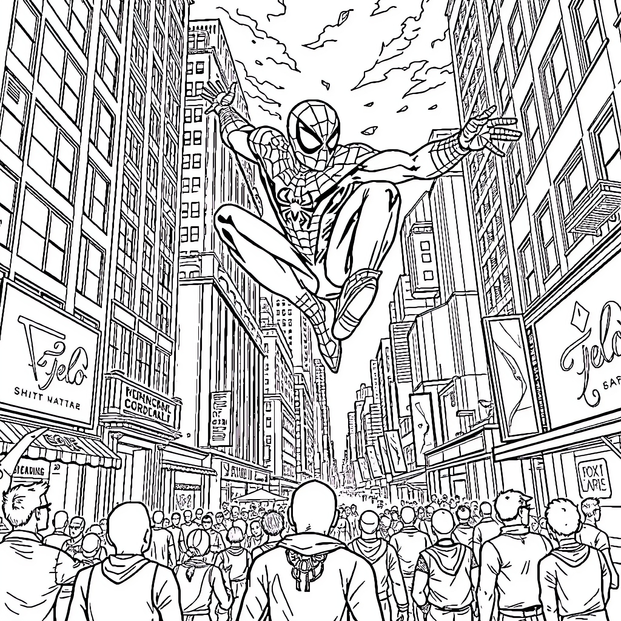 Spider-Man swinging through the city streets Coloring Page (free black-and-white line drawing printable PDF for all, from beginners to advanced learners, including children, teens, adults, and seniors)