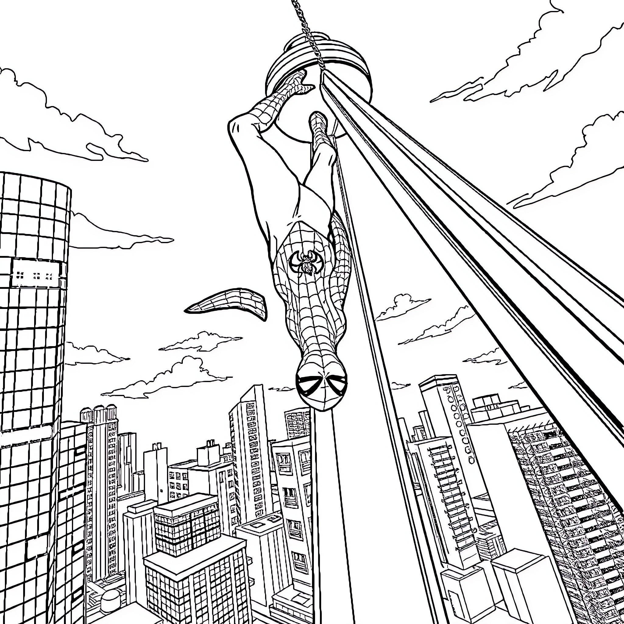 Spider-Man swinging through the city skyline Coloring Page (free black-and-white line drawing printable PDF for all, from beginners to advanced learners, including children, teens, adults, and seniors)