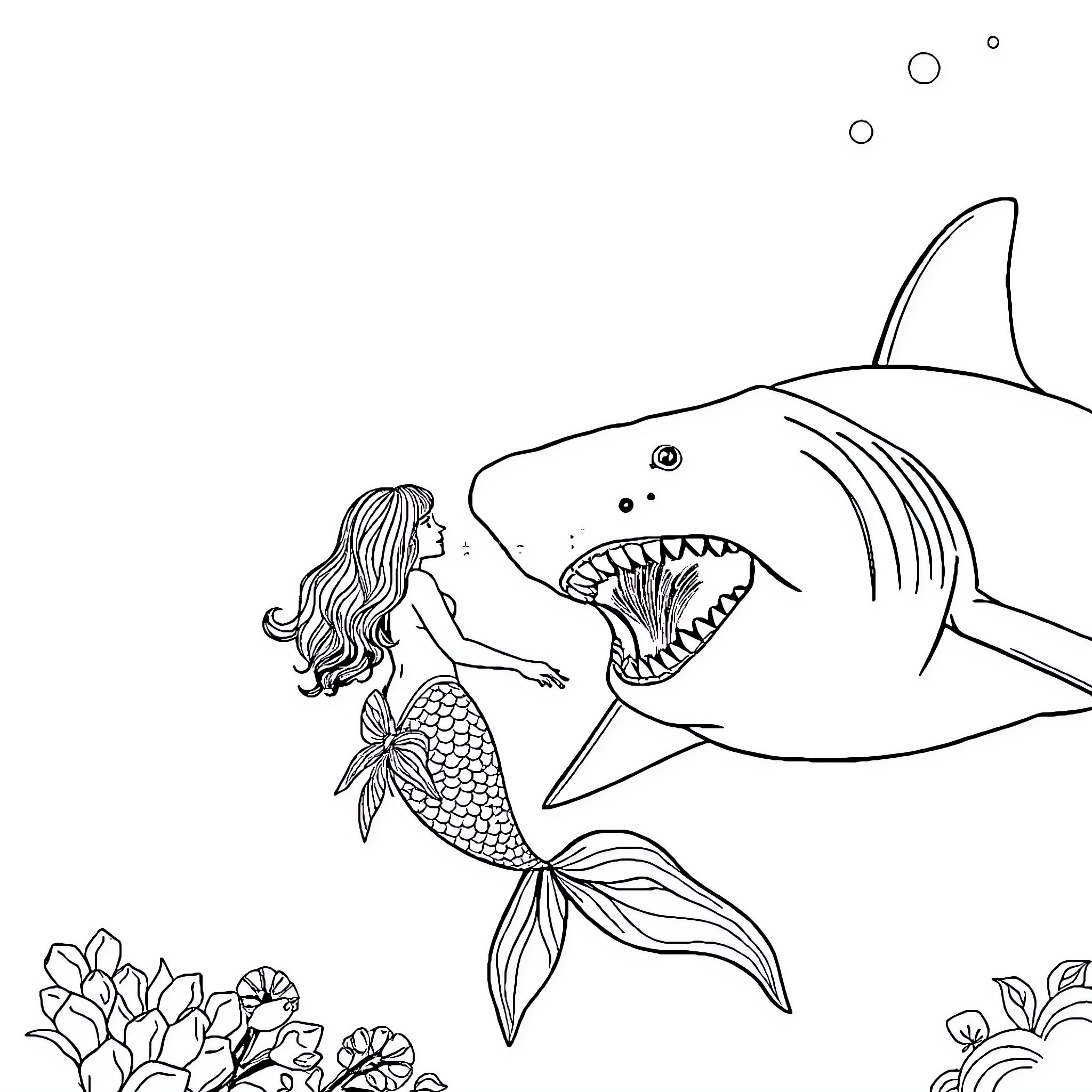 Mermaid confronting a ferocious shark underwater Coloring Page (free black-and-white line drawing printable PDF for all, from beginners to advanced learners, including children, teens, adults, and seniors)