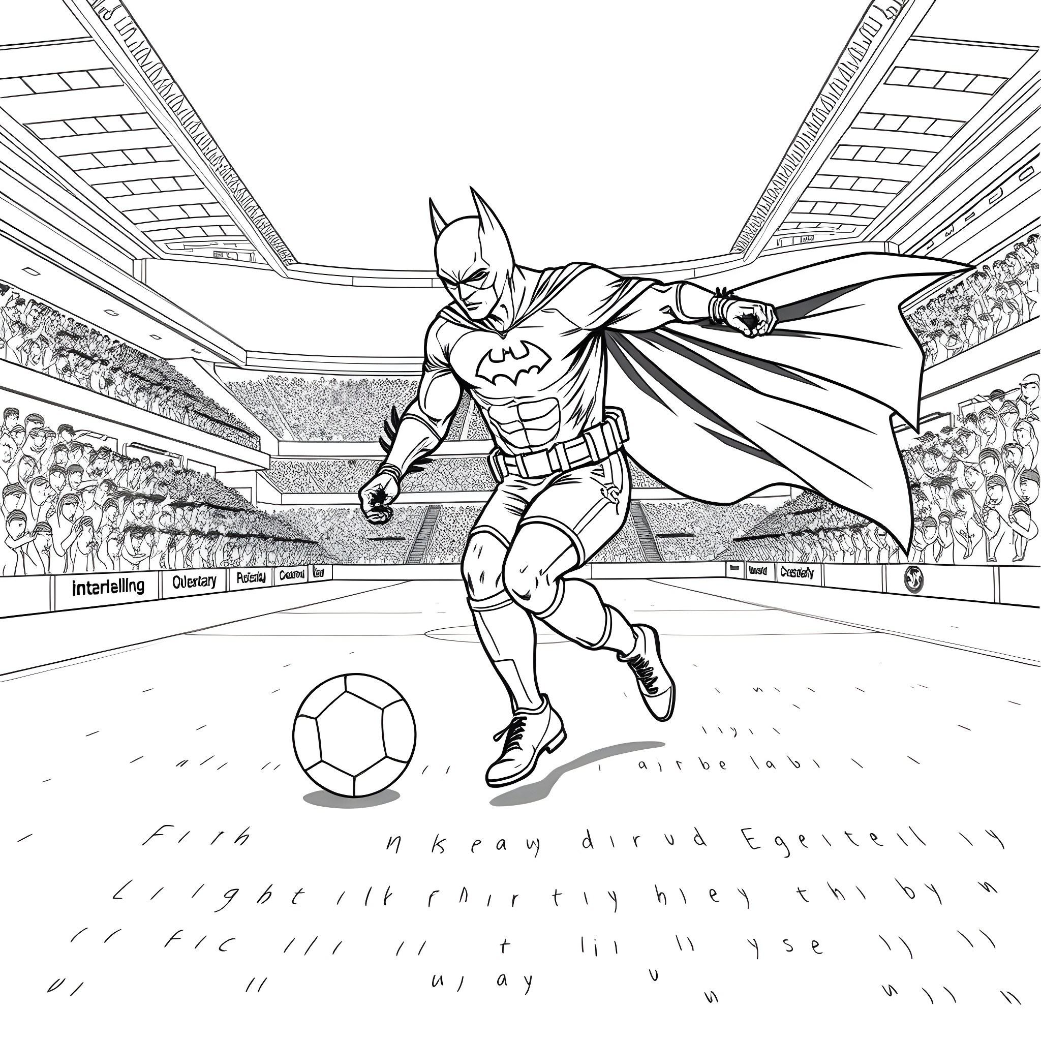 Batman playing soccer in the stadium Coloring Page (free black-and-white line drawing printable PDF for all, from beginners to advanced learners, including children, teens, adults, and seniors)