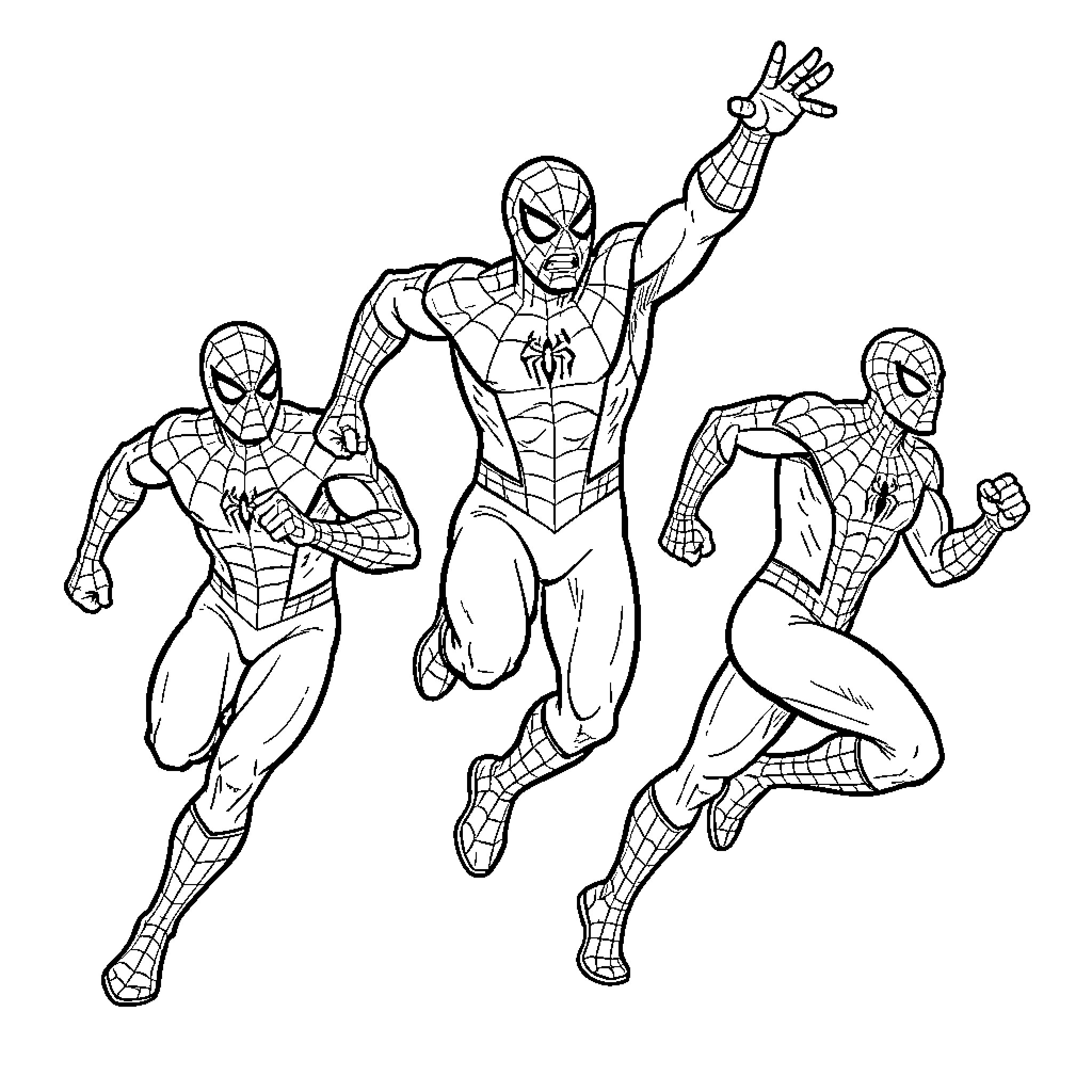 Spider-Man in dynamic action poses jumping forward Coloring Page (free black-and-white line drawing printable PDF for all, from beginners to advanced learners, including children, teens, adults, and seniors)