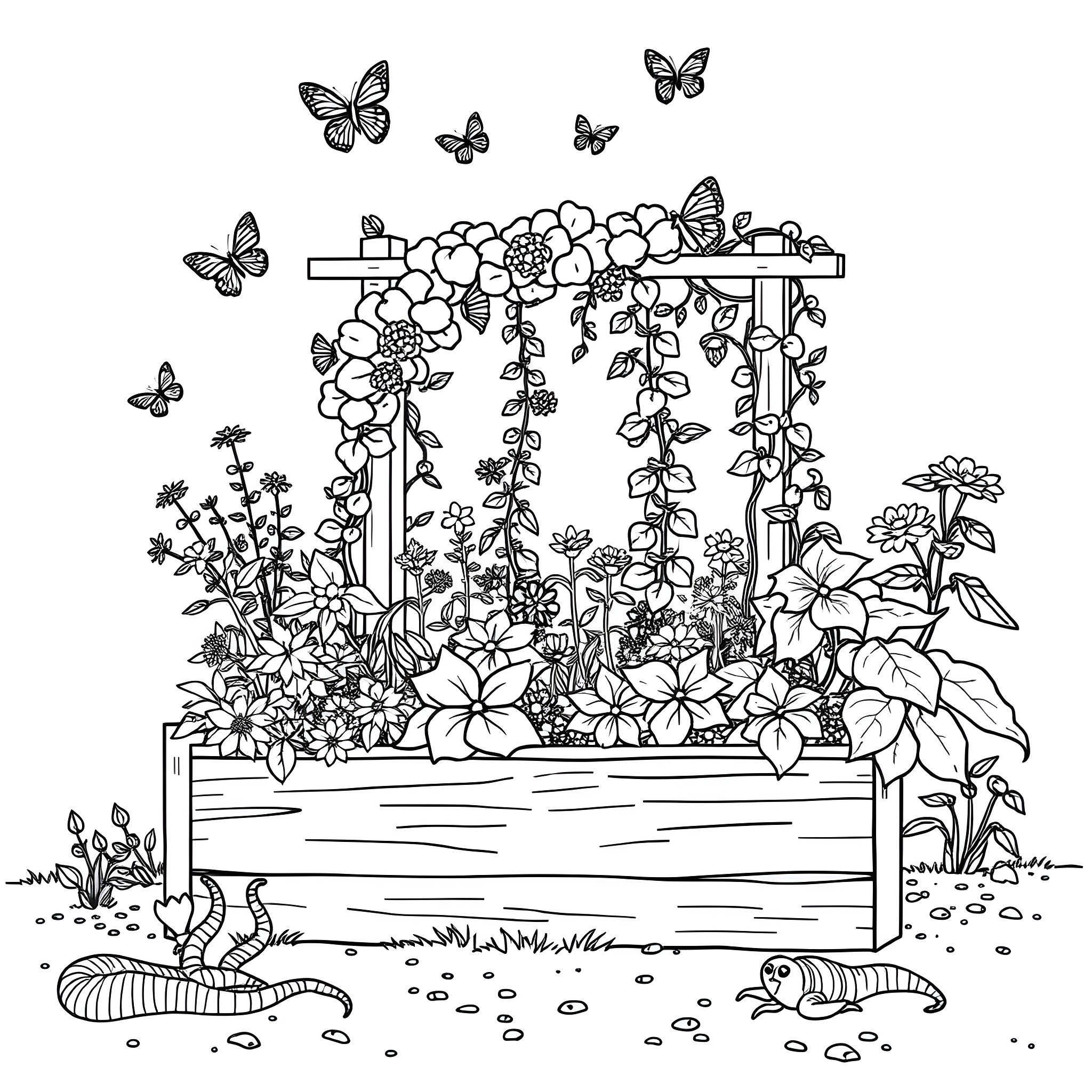 Garden Bed with Flourishing Blooms and Butterflies Coloring Page (free black-and-white line drawing printable PDF for all, from beginners to advanced learners, including children, teens, adults, and seniors)
