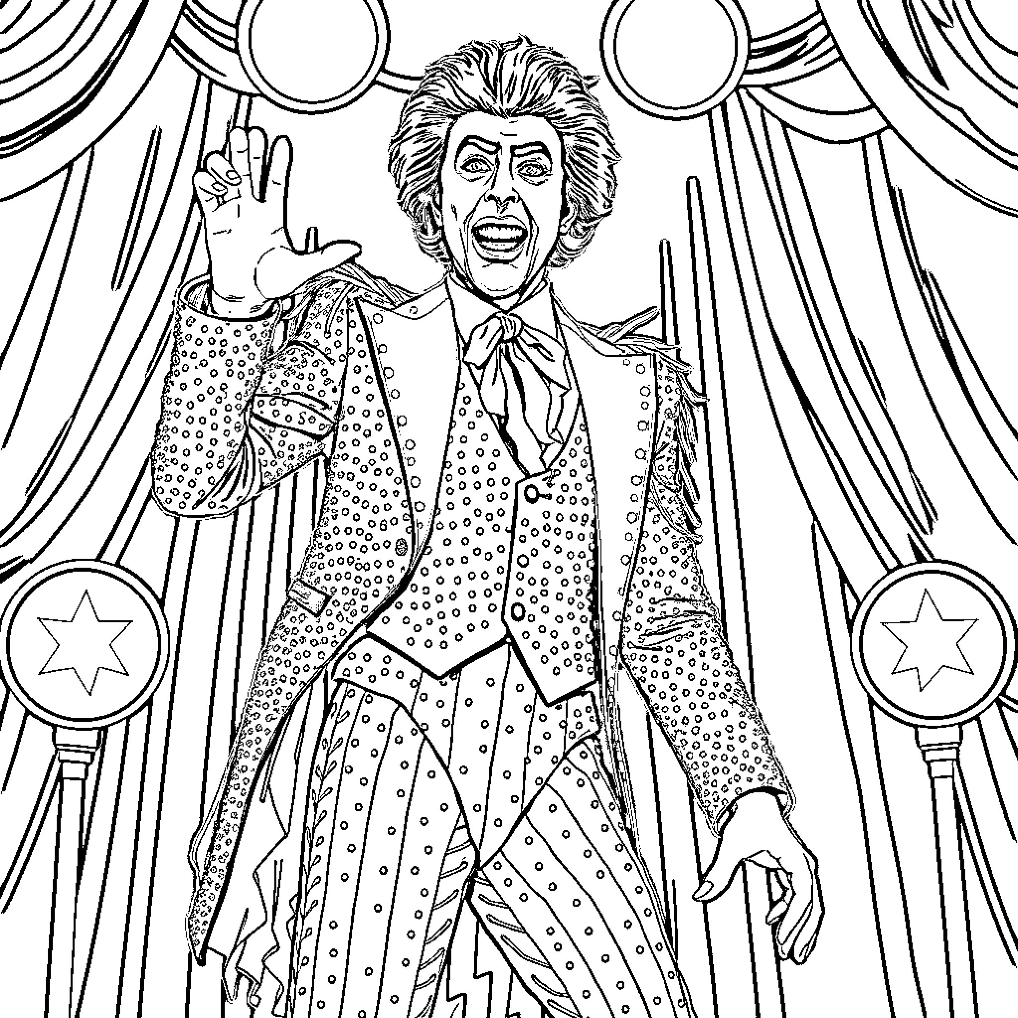 Frank N Furter's Theatrical Performance on Stage Coloring Page (free black-and-white line drawing printable PDF for all, from beginners to advanced learners, including children, teens, adults, and seniors)