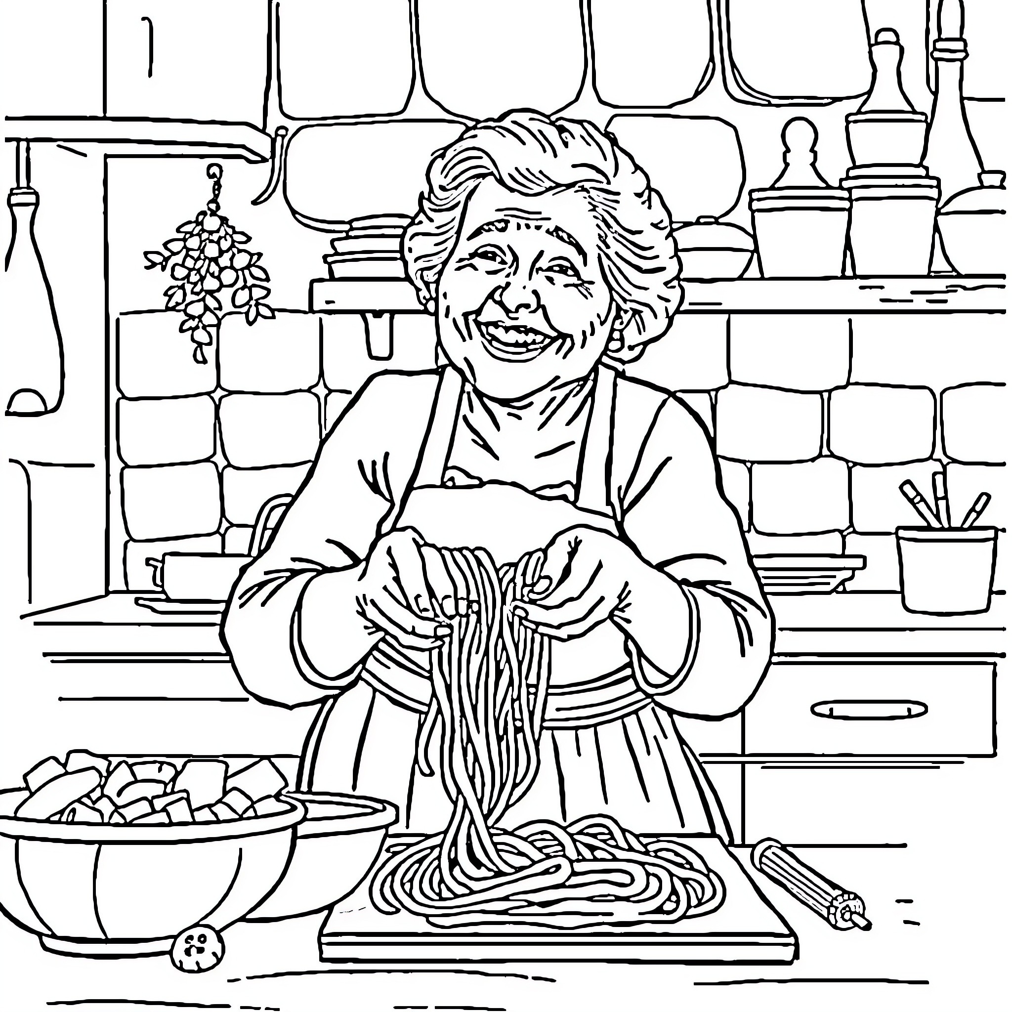 Grandma cooking and preparing food in the kitchen Coloring Page (free black-and-white line drawing printable PDF for all, from beginners to advanced learners, including children, teens, adults, and seniors)