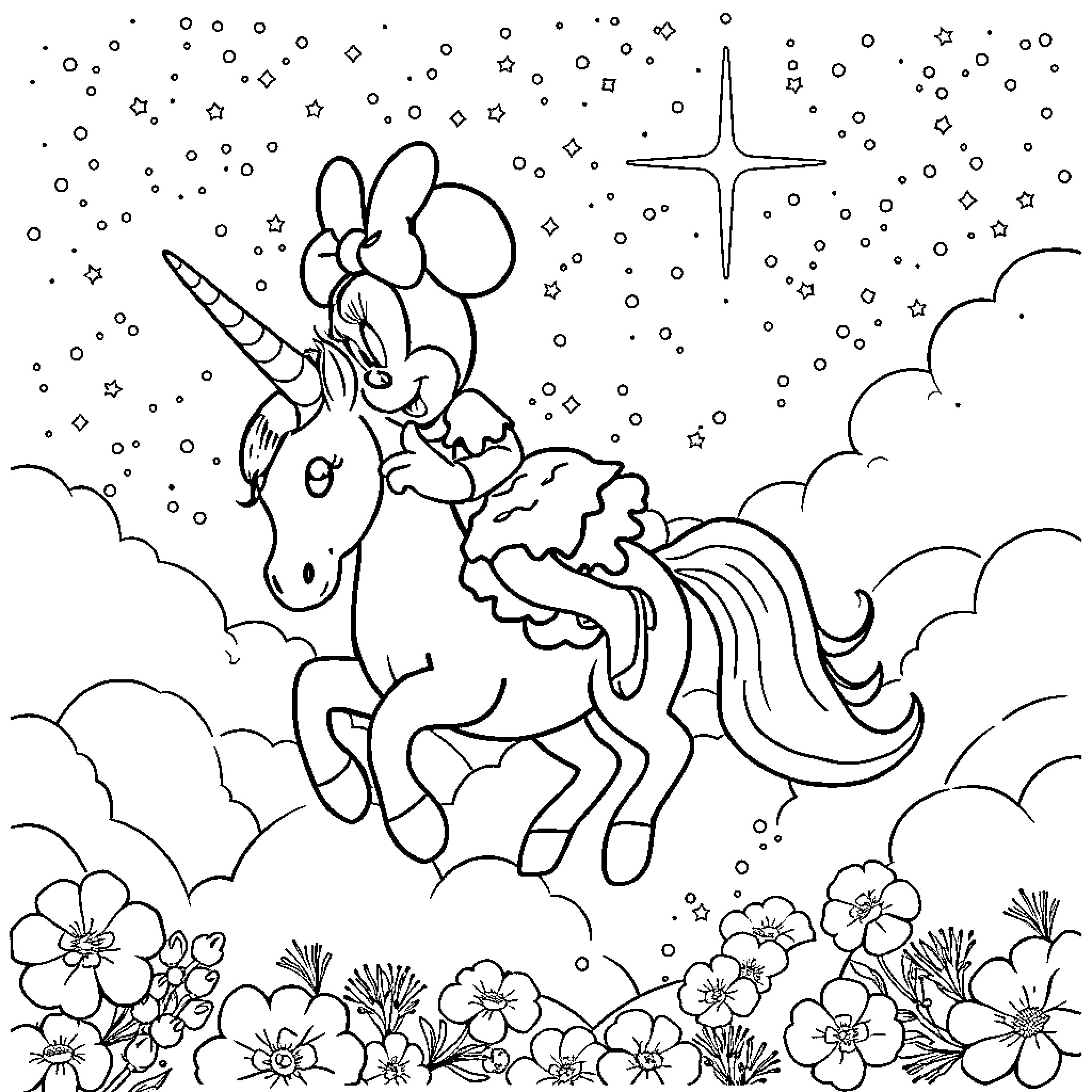 Minnie Unicorn Frolicking in Starry Meadow Coloring Page (free black-and-white line drawing printable PDF for all, from beginners to advanced learners, including children, teens, adults, and seniors)
