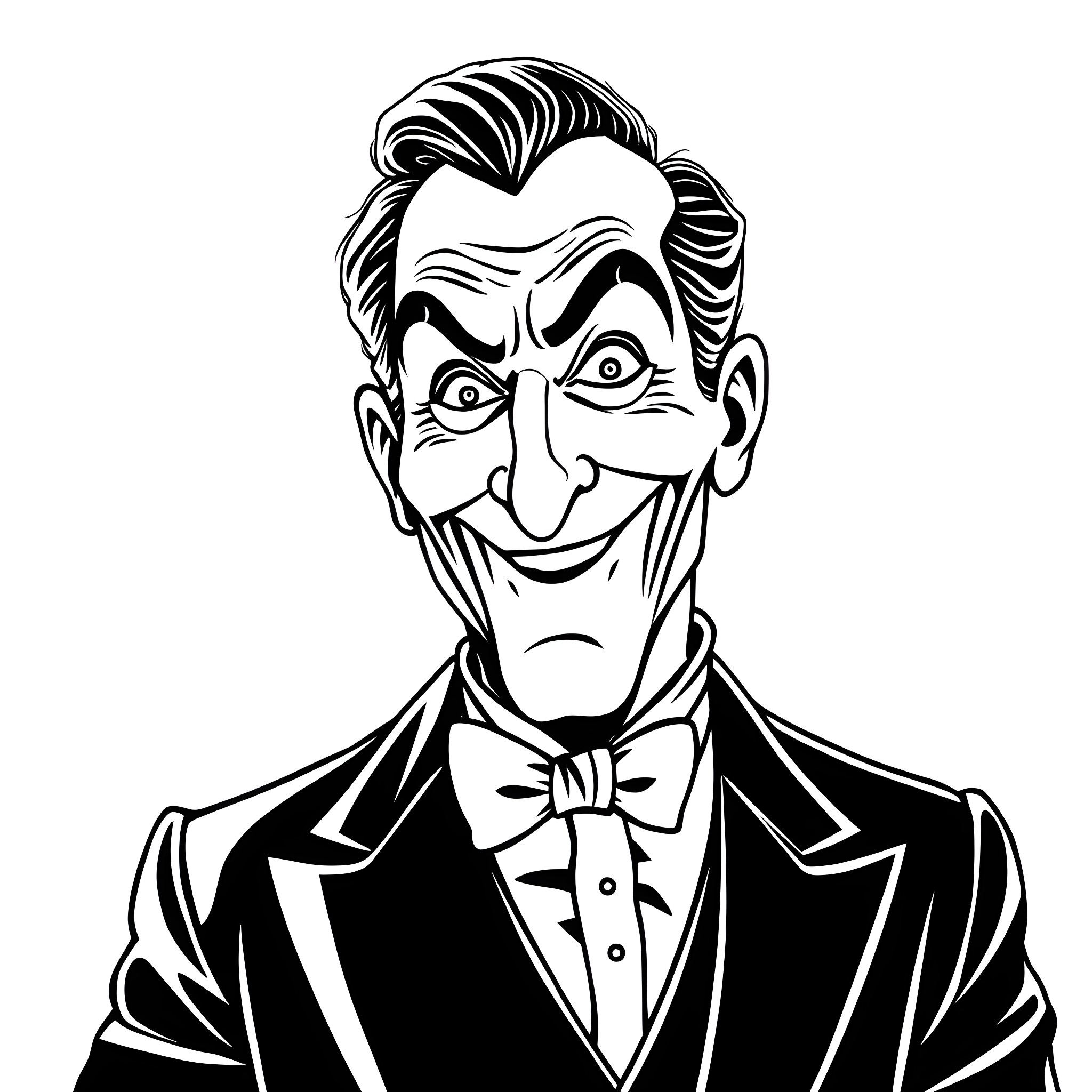 Vincent Price in Dapper Tuxedo with Mischievous Expression Coloring Page (free black-and-white line drawing printable PDF for all, from beginners to advanced learners, including children, teens, adults, and seniors)