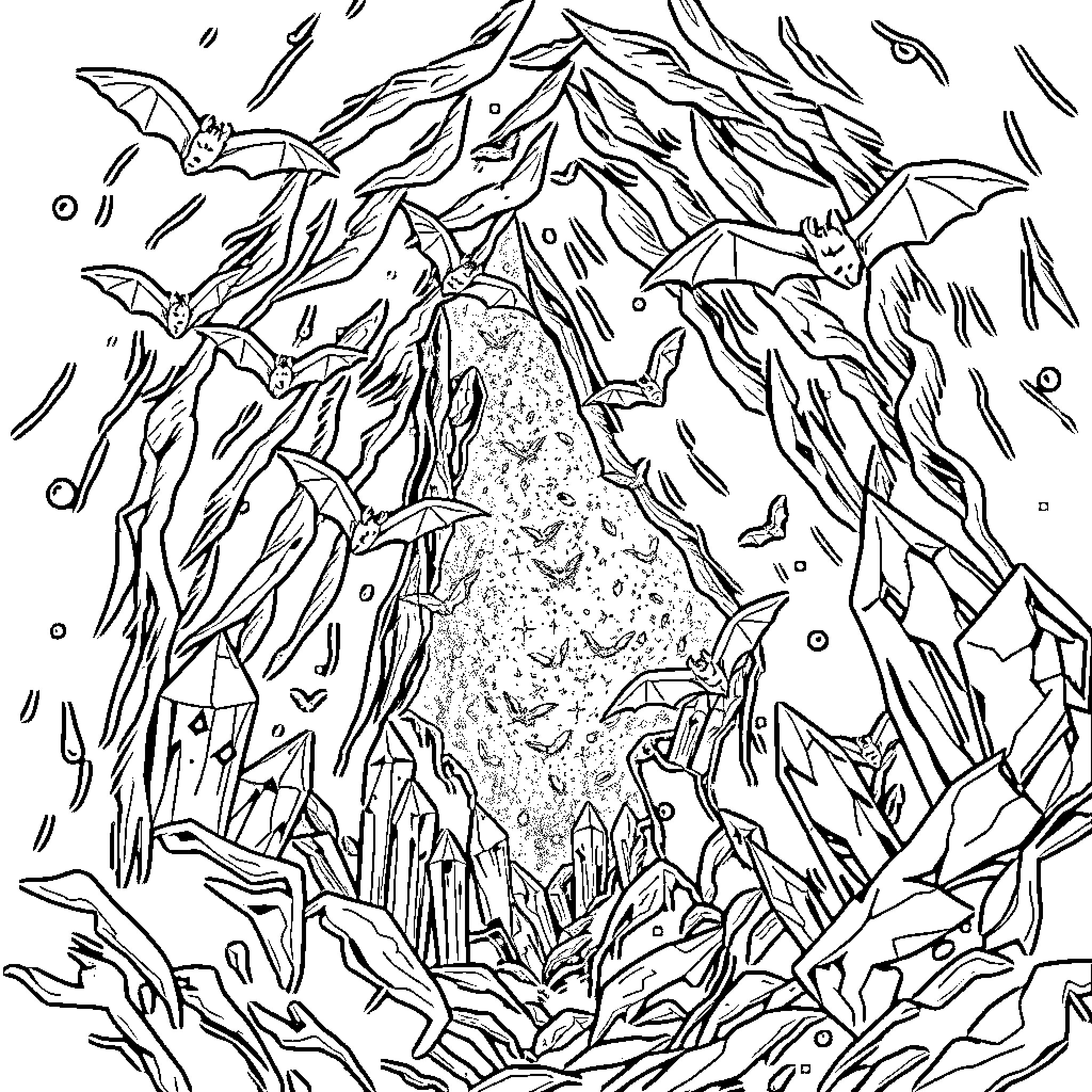 Cave of Stalactites and Bats Coloring Page (free black-and-white line drawing printable PDF for all, from beginners to advanced learners, including children, teens, adults, and seniors)