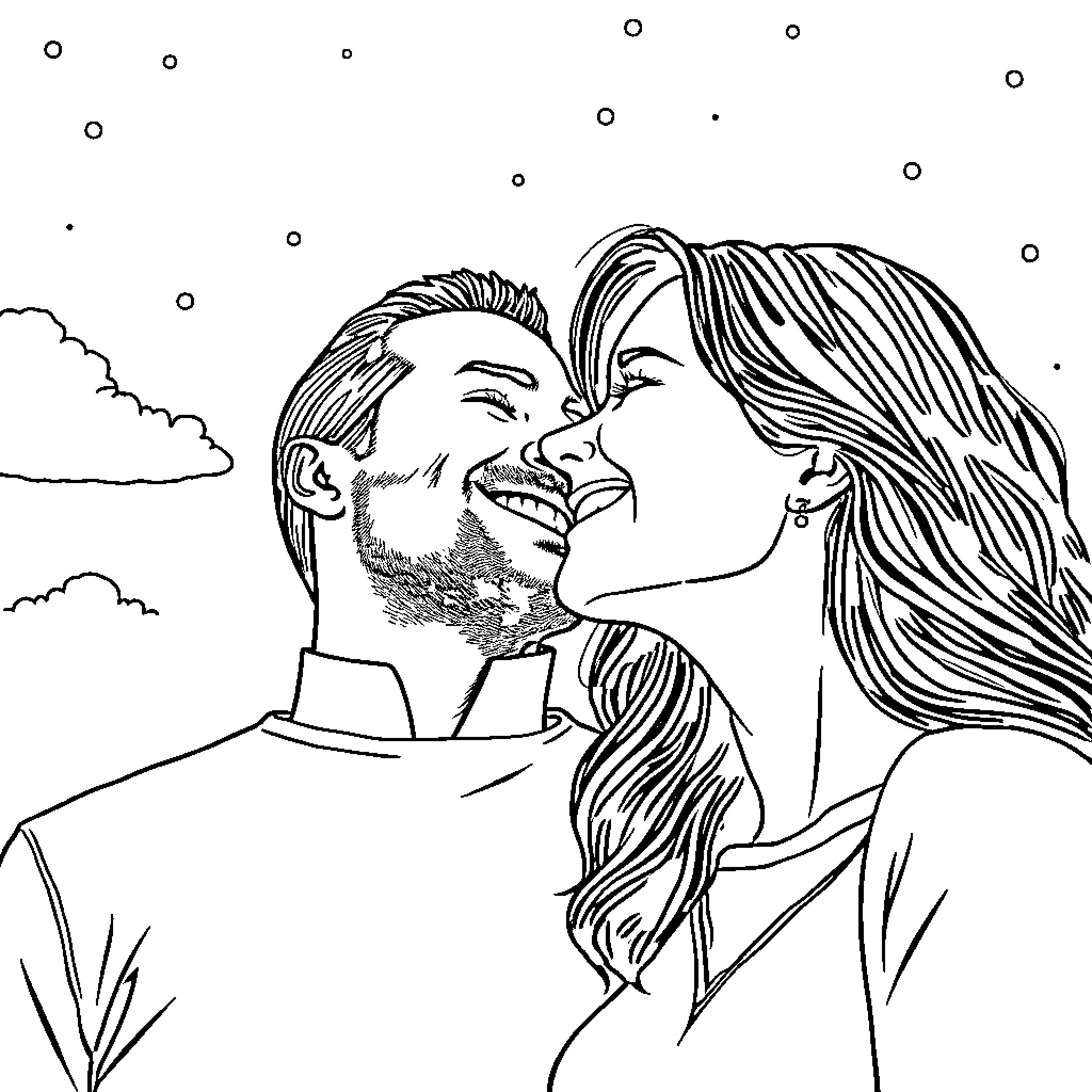 Woman embracing her partner affectionately in the outdoors Coloring Page (free black-and-white line drawing printable PDF for all, from beginners to advanced learners, including children, teens, adults, and seniors)