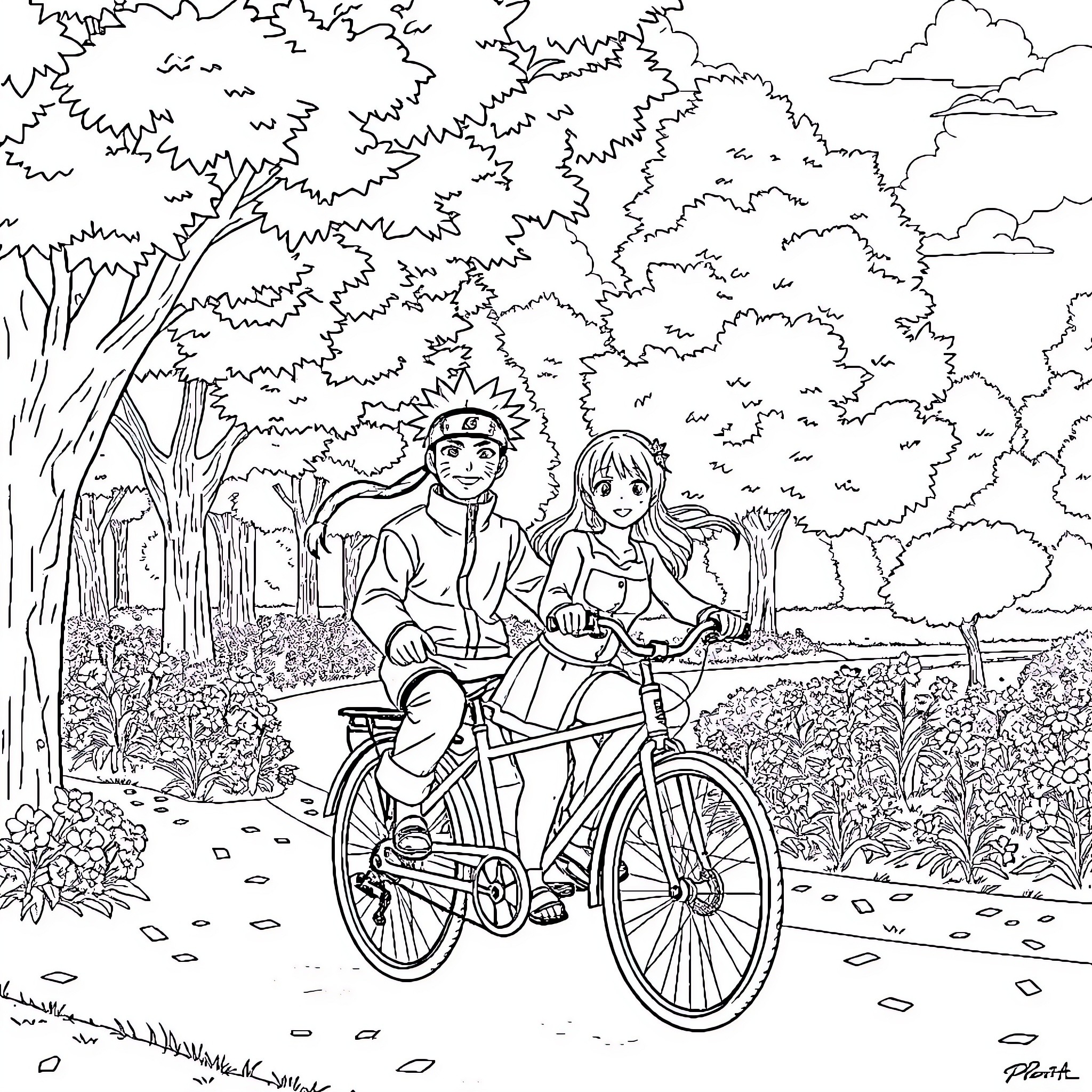 Naruto and Sakura enjoying a bicycle ride in the woods Coloring Page (free black-and-white line drawing printable PDF for all, from beginners to advanced learners, including children, teens, adults, and seniors)