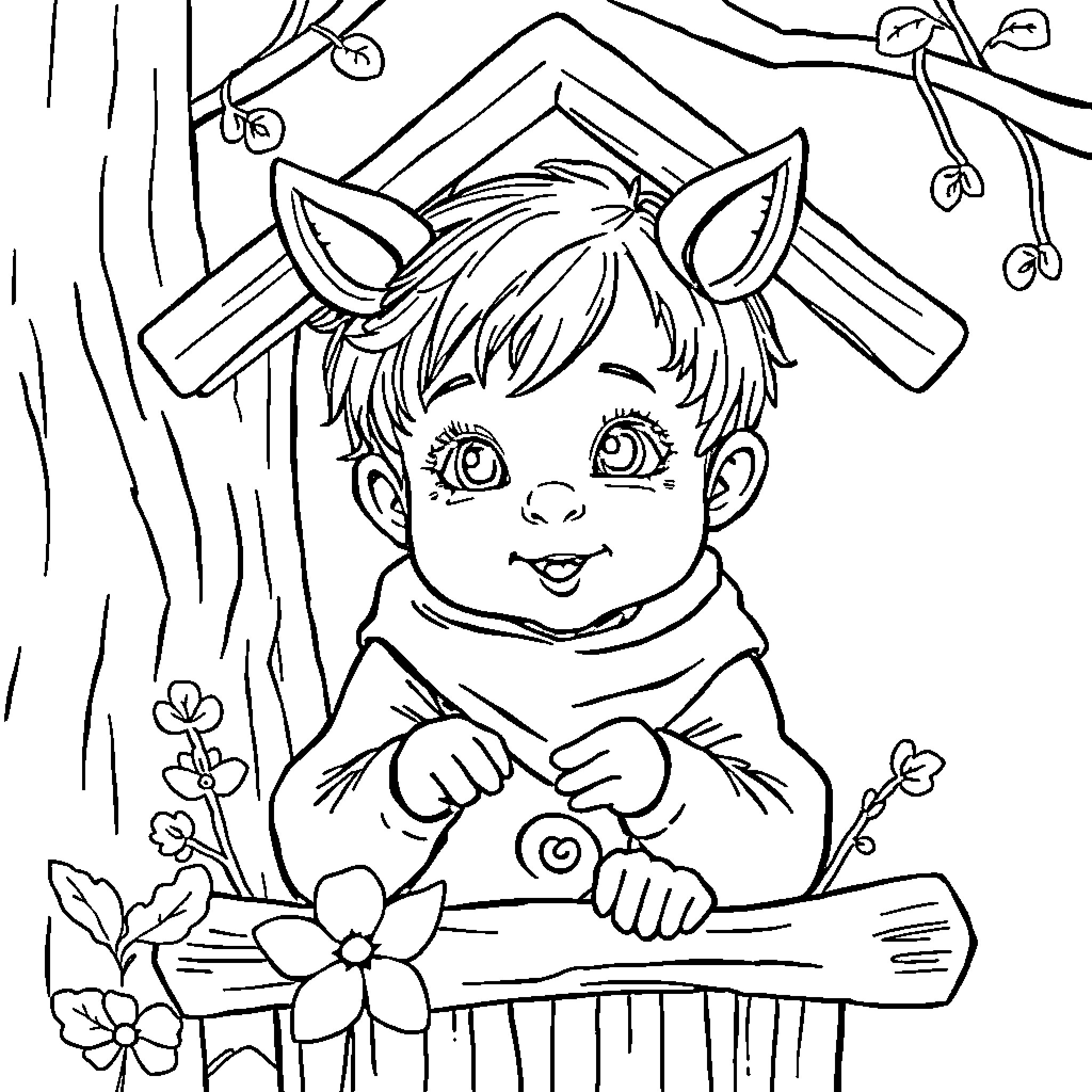 Child peeking out from behind tree with flowers Coloring Page (free black-and-white line drawing printable PDF for all, from beginners to advanced learners, including children, teens, adults, and seniors)