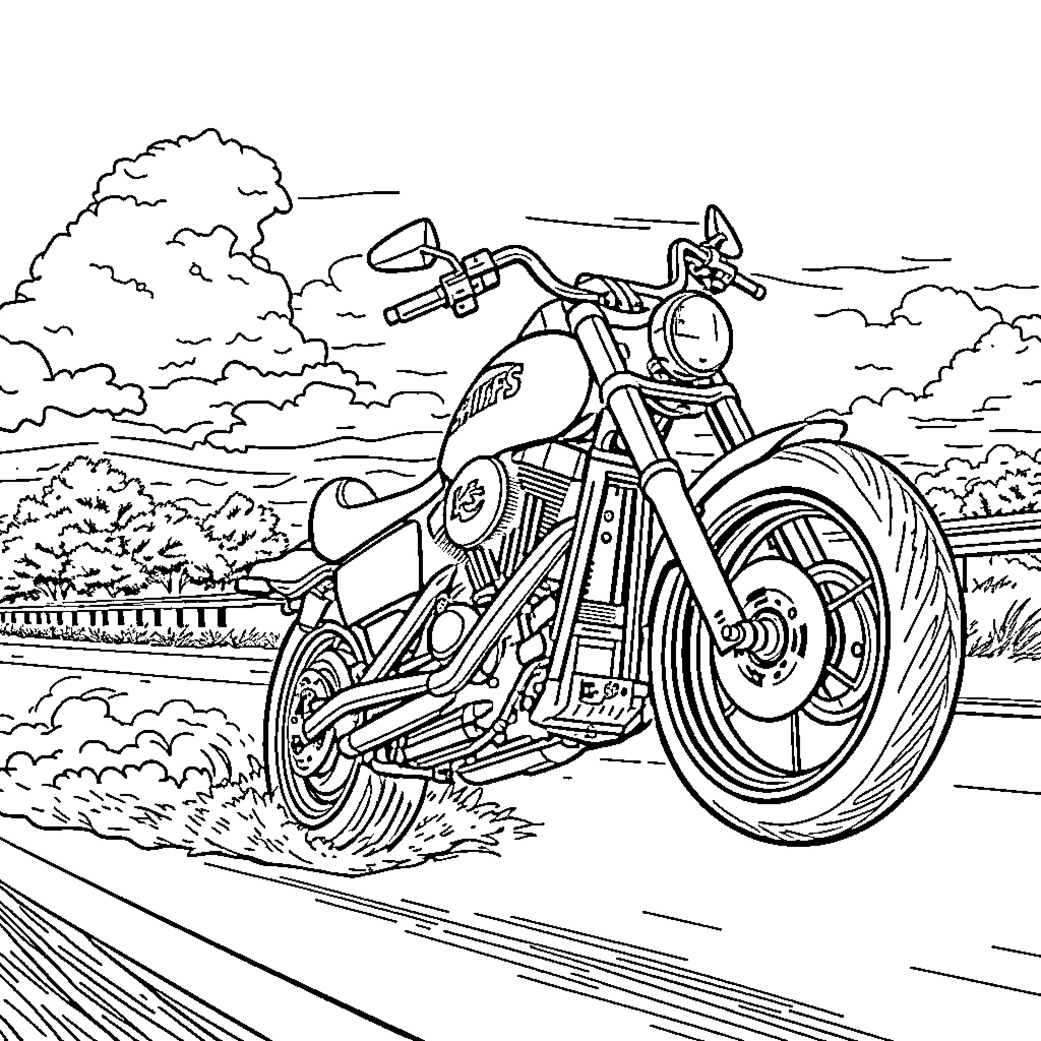 Harley motorbike speeding through the countryside Coloring Page (free black-and-white line drawing printable PDF for all, from beginners to advanced learners, including children, teens, adults, and seniors)