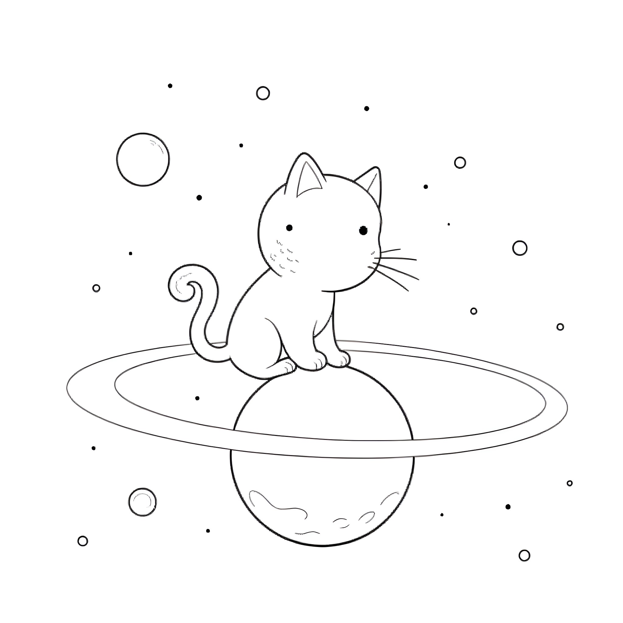 Kitten sitting on a floating planet Coloring Page (free black-and-white line drawing printable PDF for all, from beginners to advanced learners, including children, teens, adults, and seniors)