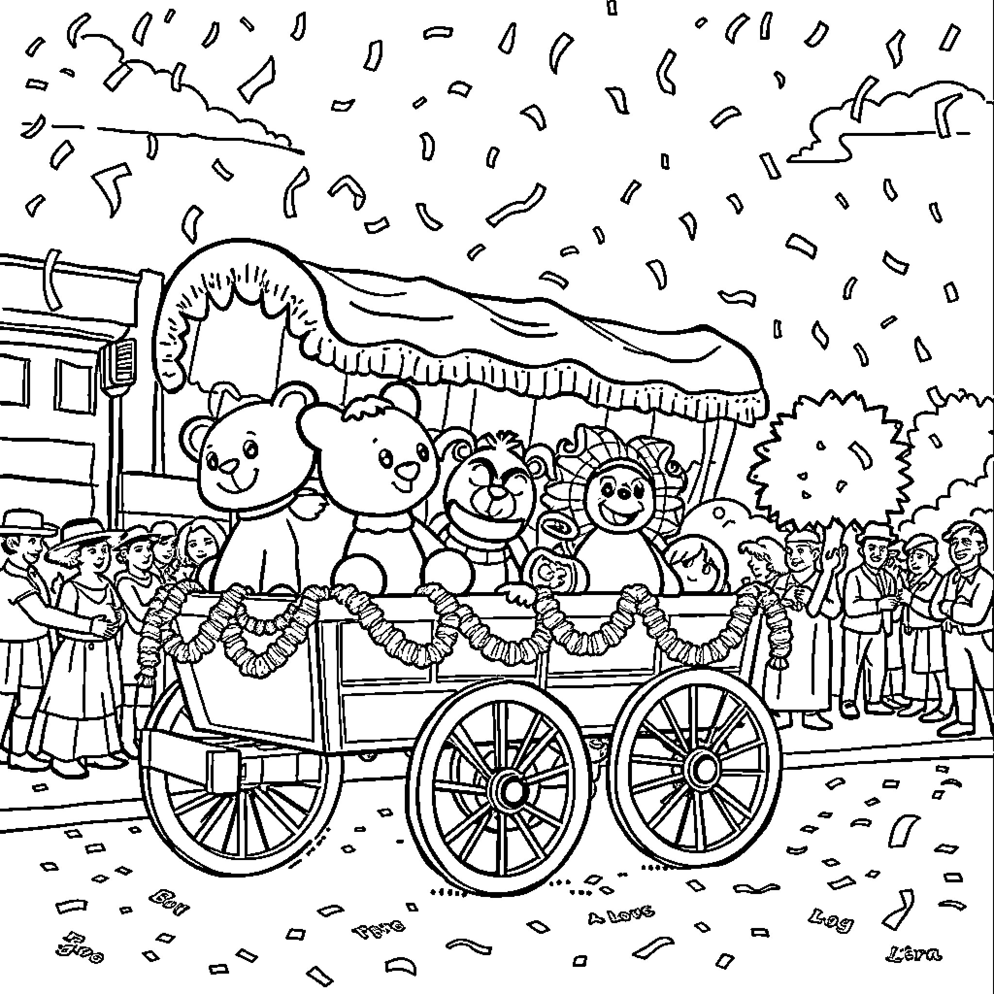 Wagon carrying cheerful stuffed animals in parade Coloring Page (free black-and-white line drawing printable PDF for all, from beginners to advanced learners, including children, teens, adults, and seniors)