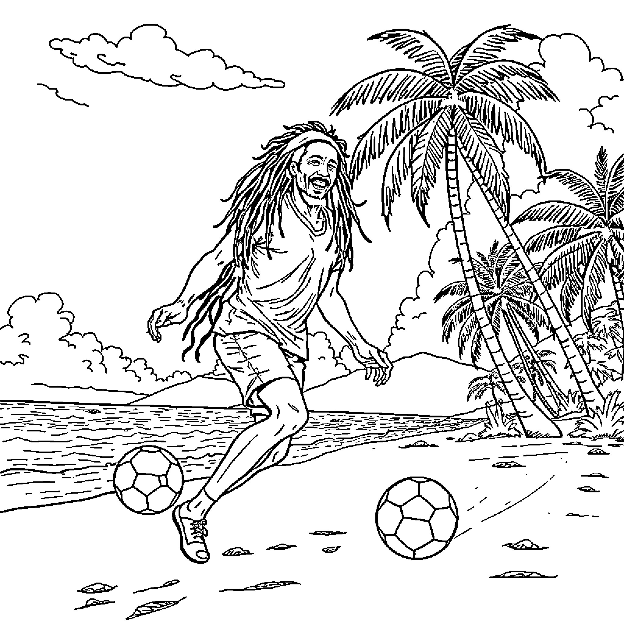 Bob Marley playing soccer on a tropical beach Coloring Page (free black-and-white line drawing printable PDF for all, from beginners to advanced learners, including children, teens, adults, and seniors)