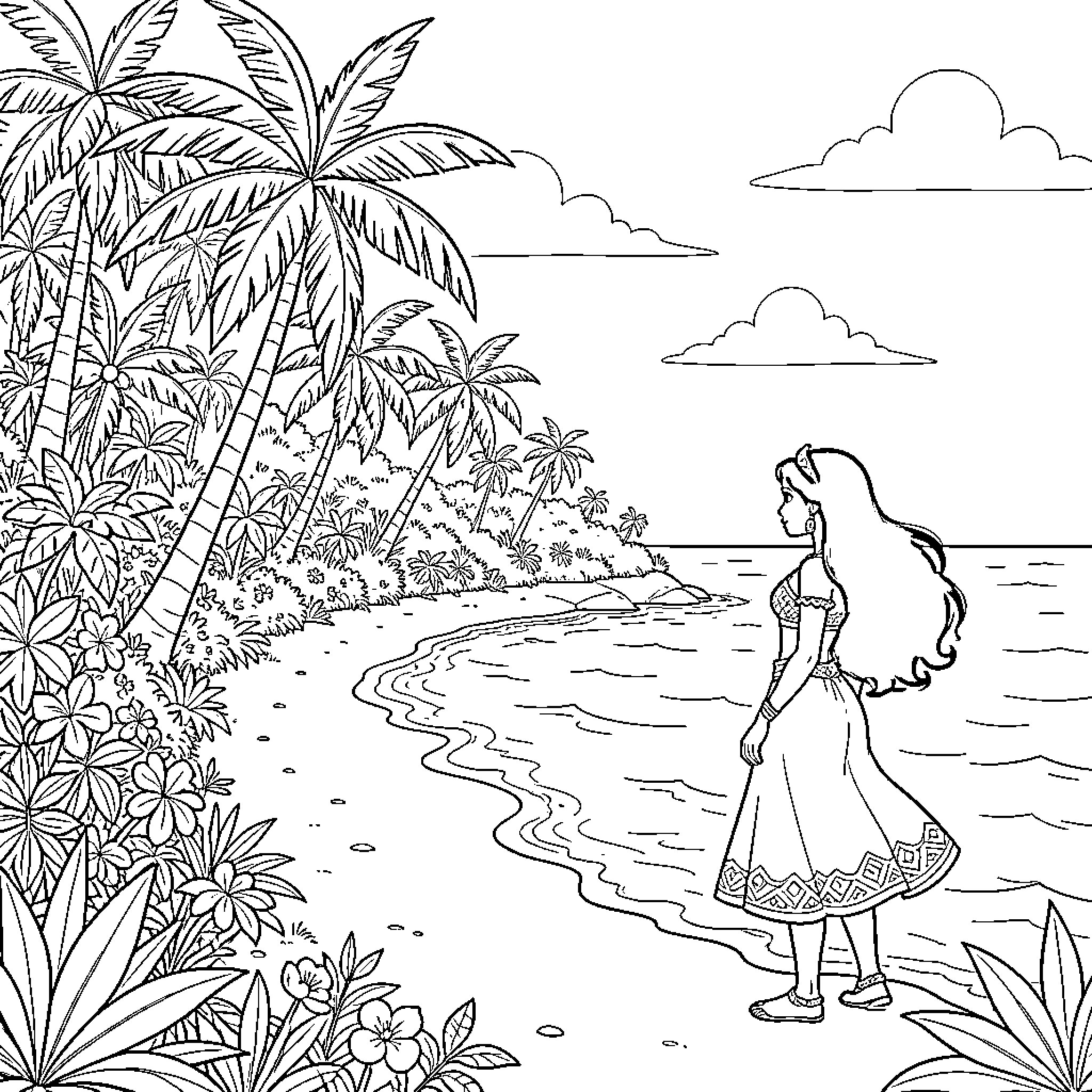 Vaiana standing peacefully on a tropical beach Coloring Page (free black-and-white line drawing printable PDF for all, from beginners to advanced learners, including children, teens, adults, and seniors)