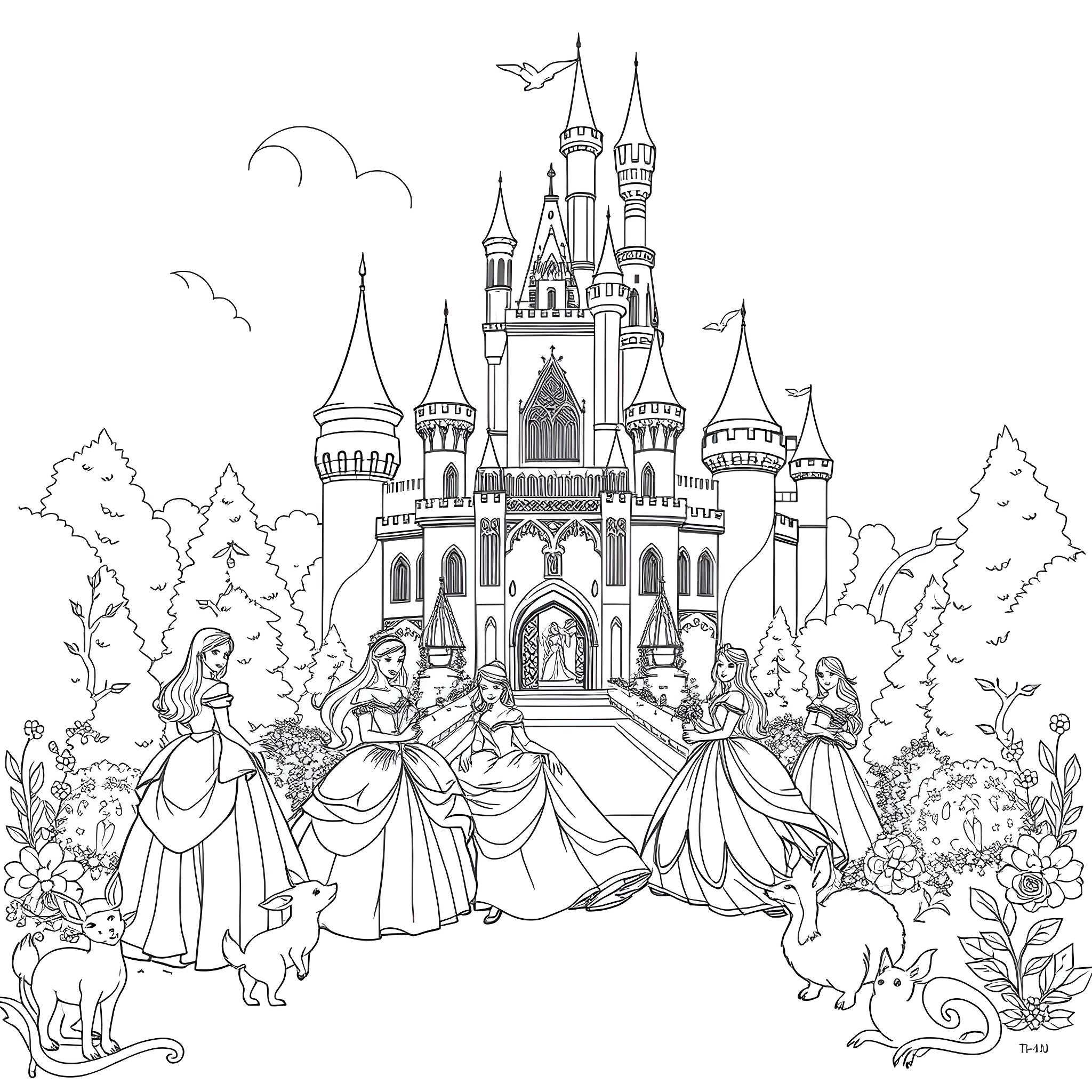 Princess Castle Outing with Forest Companions Coloring Page (free black-and-white line drawing printable PDF for all, from beginners to advanced learners, including children, teens, adults, and seniors)