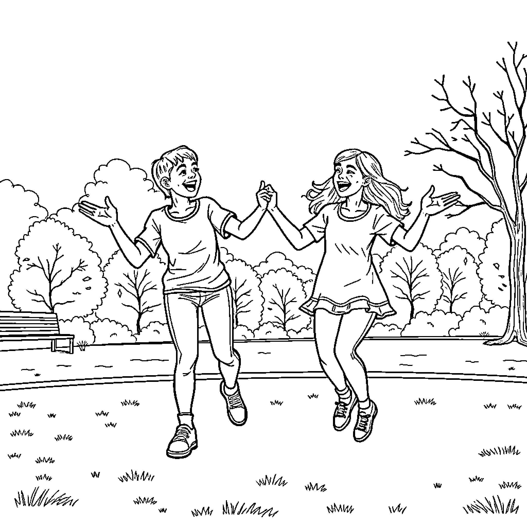 Ice Agents Happily Playing in the Park Coloring Page (free black-and-white line drawing printable PDF for all, from beginners to advanced learners, including children, teens, adults, and seniors)
