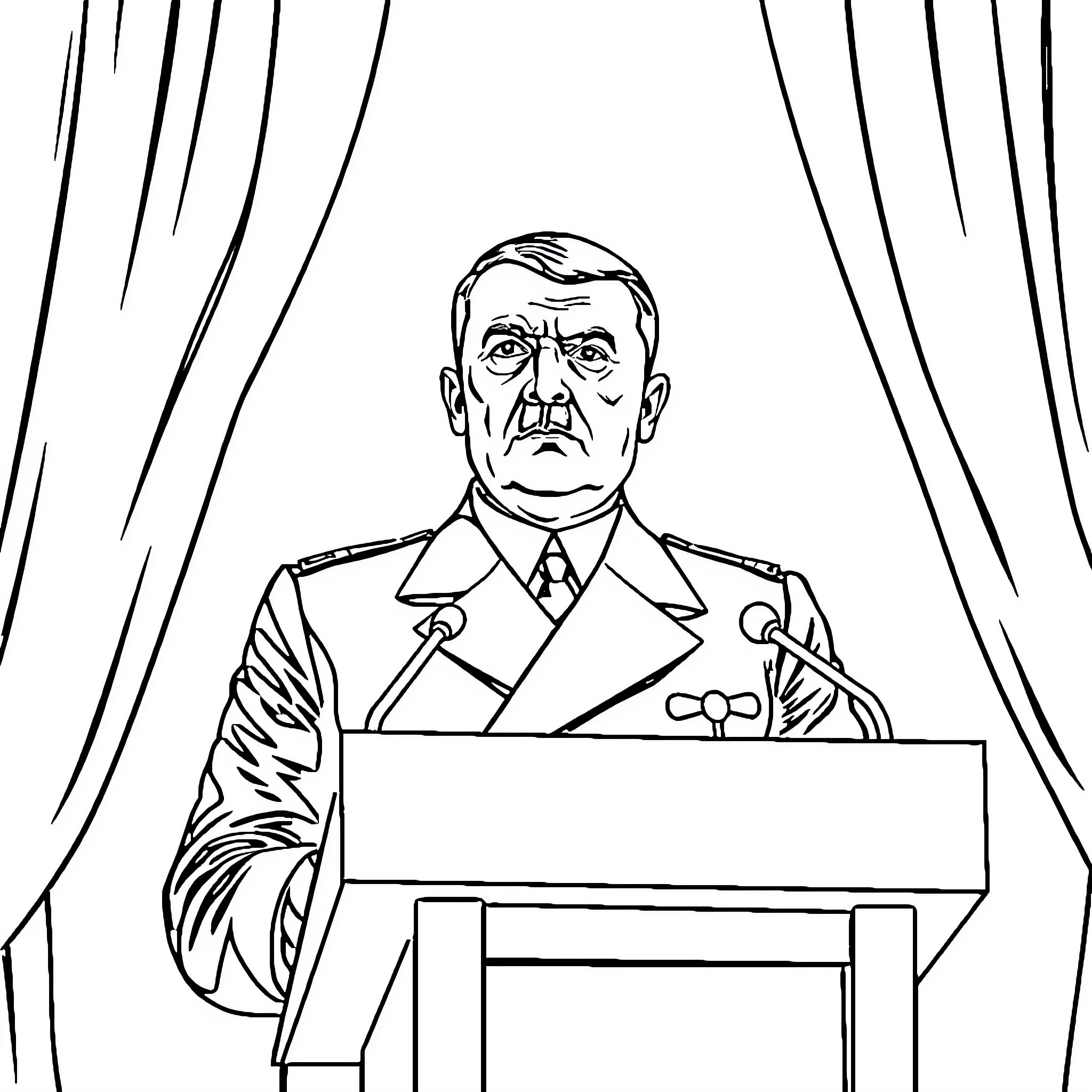 Adolf Hitler Giving Speech Behind Podium Coloring Page (free black-and-white line drawing printable PDF for all, from beginners to advanced learners, including children, teens, adults, and seniors)