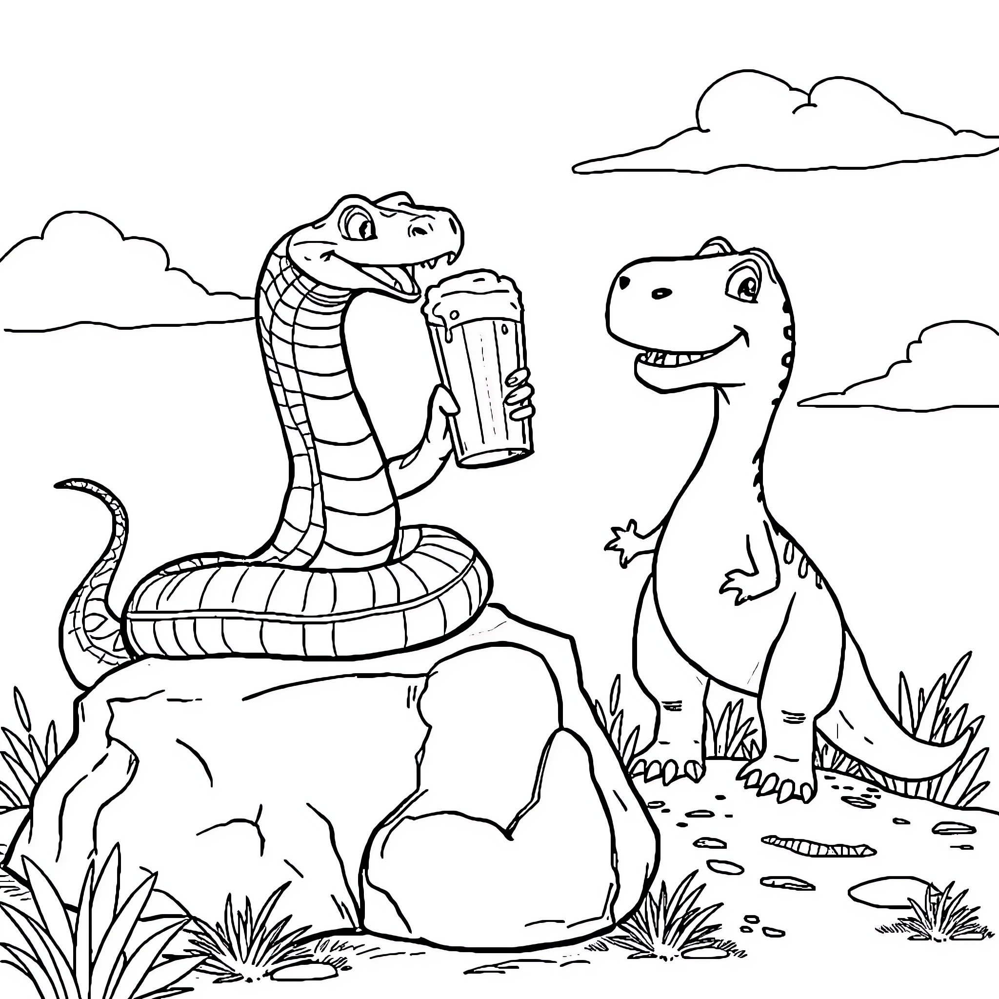 Snake sharing a refreshing drink with dinosaur Coloring Page (free black-and-white line drawing printable PDF for all, from beginners to advanced learners, including children, teens, adults, and seniors)