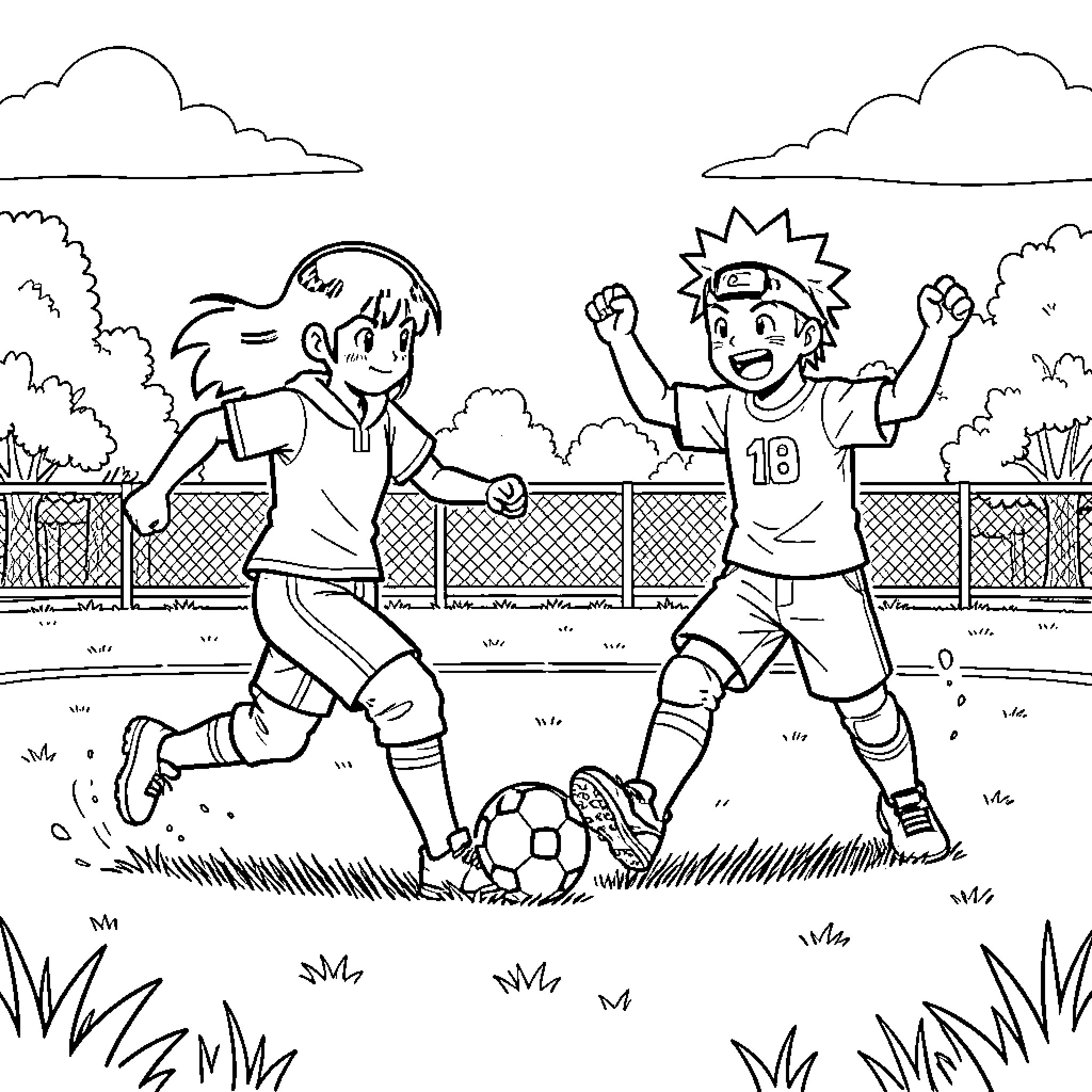 Tsubasa and friend playing soccer on a field Coloring Page (free black-and-white line drawing printable PDF for all, from beginners to advanced learners, including children, teens, adults, and seniors)