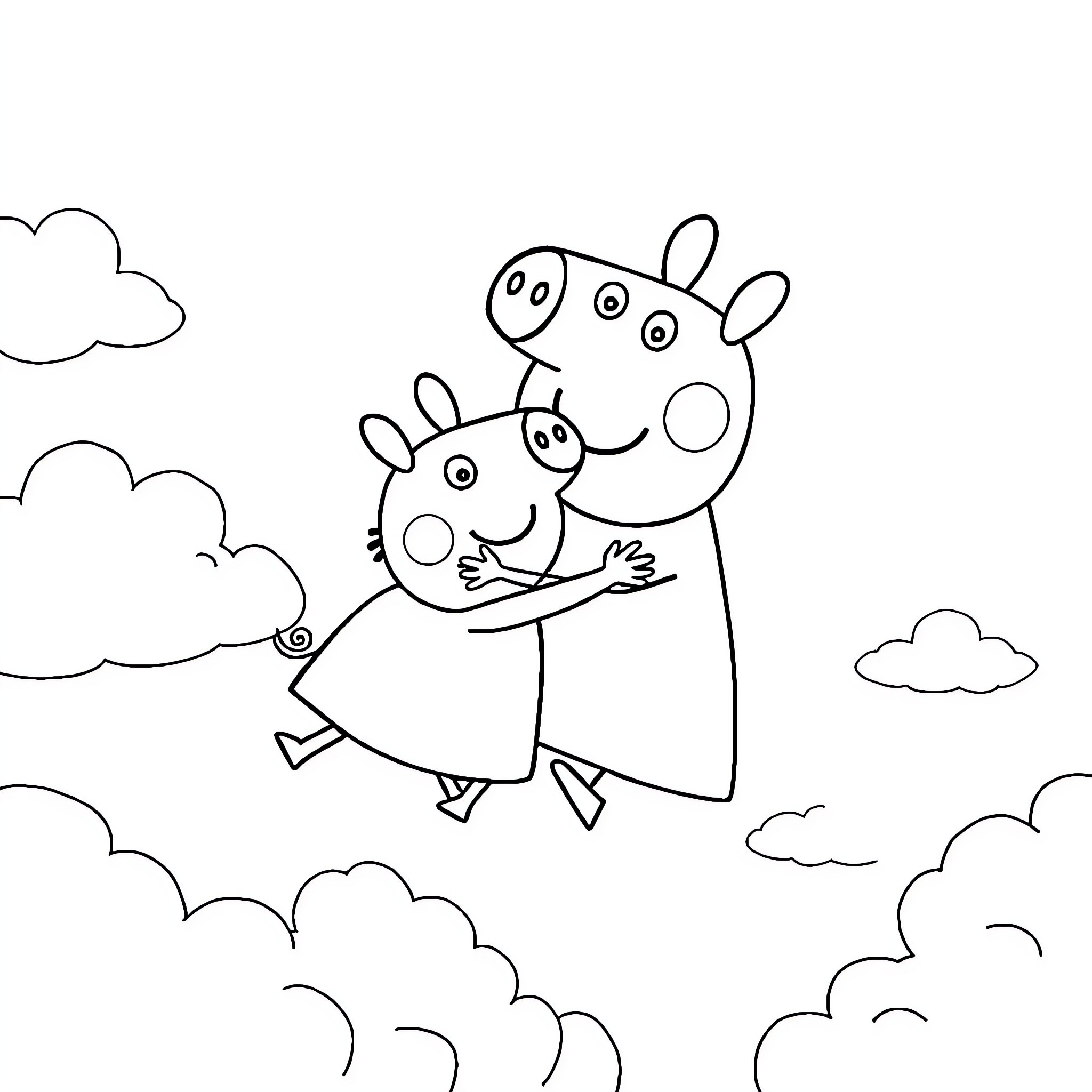 Peppa Pig enjoying a playful moment in the clouds Coloring Page (free black-and-white line drawing printable PDF for all, from beginners to advanced learners, including children, teens, adults, and seniors)