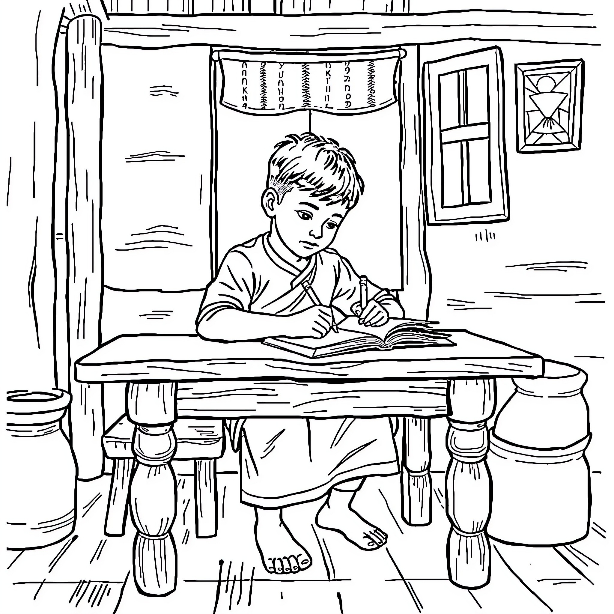 Boy Studying Intently at Desk Coloring Page (free black-and-white line drawing printable PDF for all, from beginners to advanced learners, including children, teens, adults, and seniors)