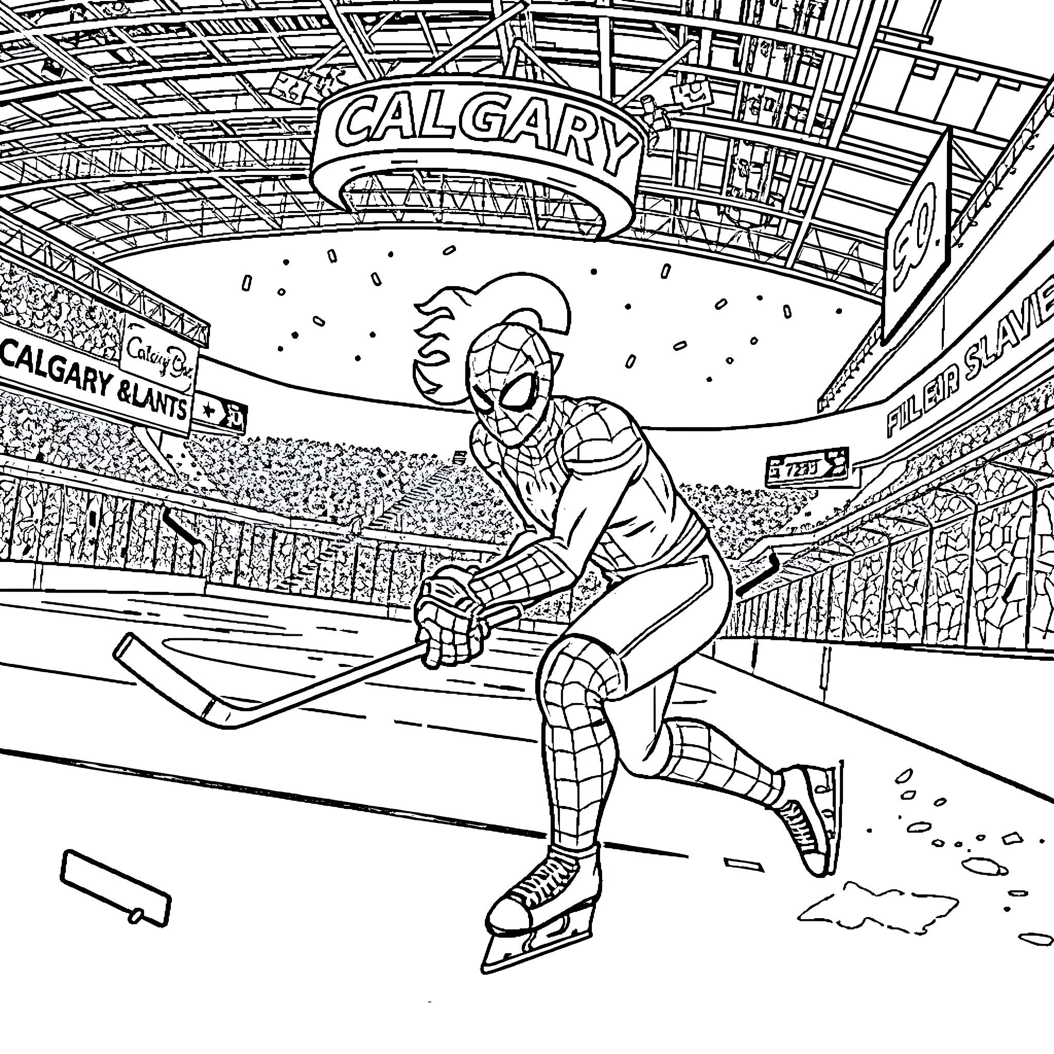 Spider-Man playing hockey in Calgary arena Coloring Page (free black-and-white line drawing printable PDF for all, from beginners to advanced learners, including children, teens, adults, and seniors)