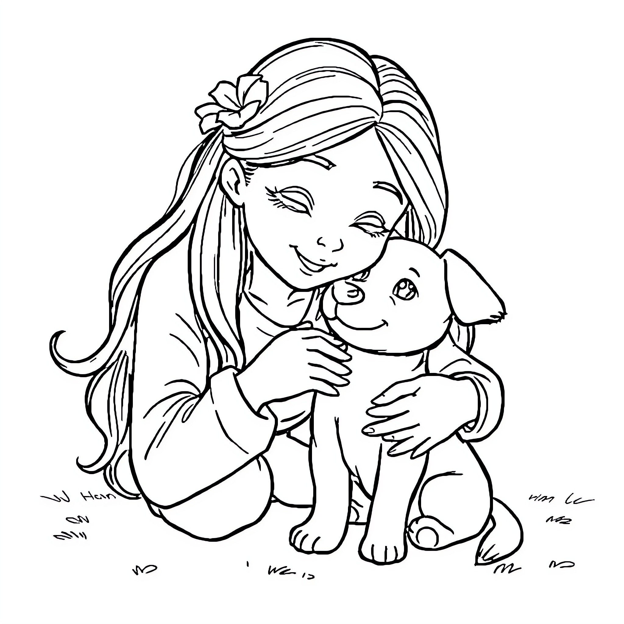 Leana hugging a smiling puppy Coloring Page (free black-and-white line drawing printable PDF for all, from beginners to advanced learners, including children, teens, adults, and seniors)
