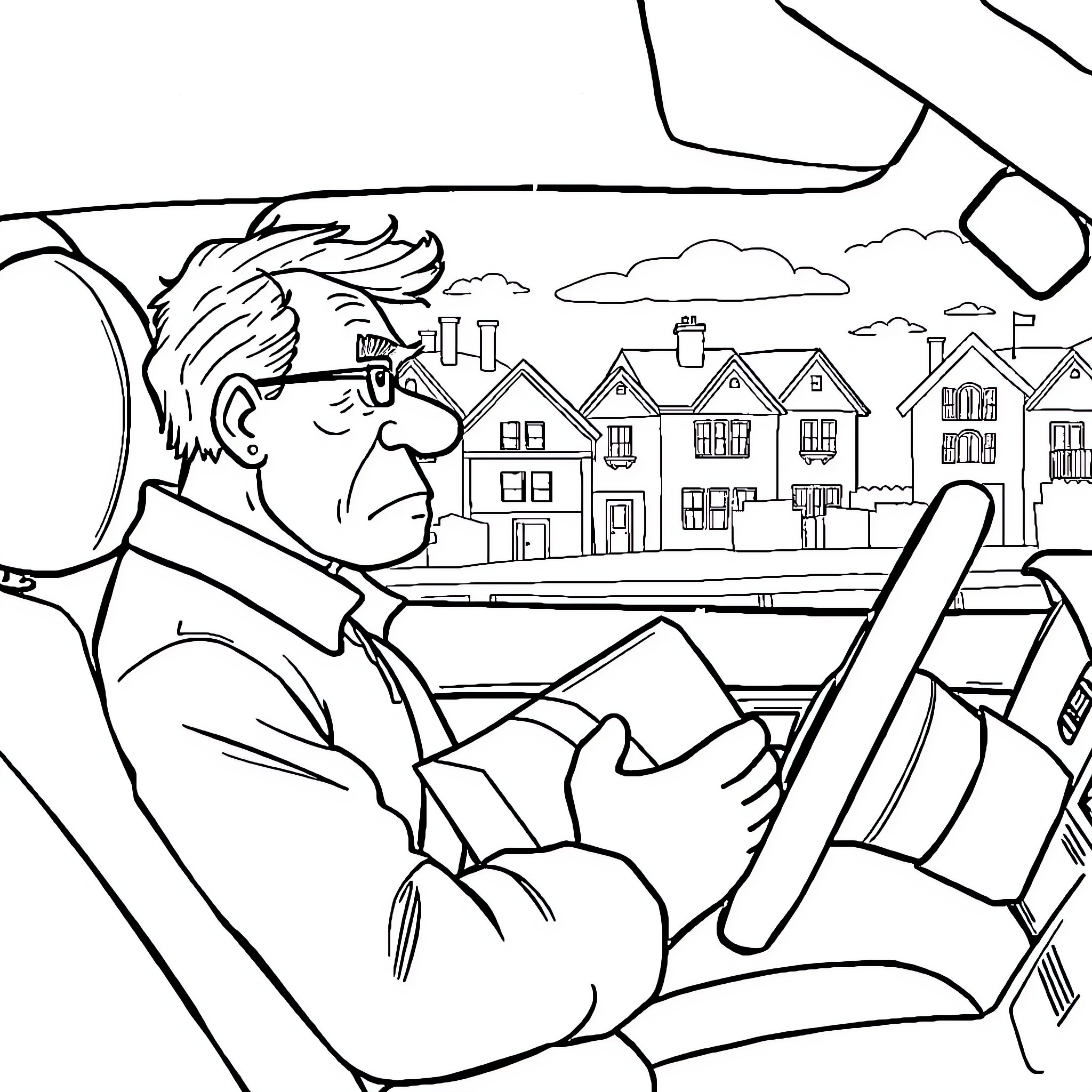 Man working intently on a computer in his car Coloring Page (free black-and-white line drawing printable PDF for all, from beginners to advanced learners, including children, teens, adults, and seniors)
