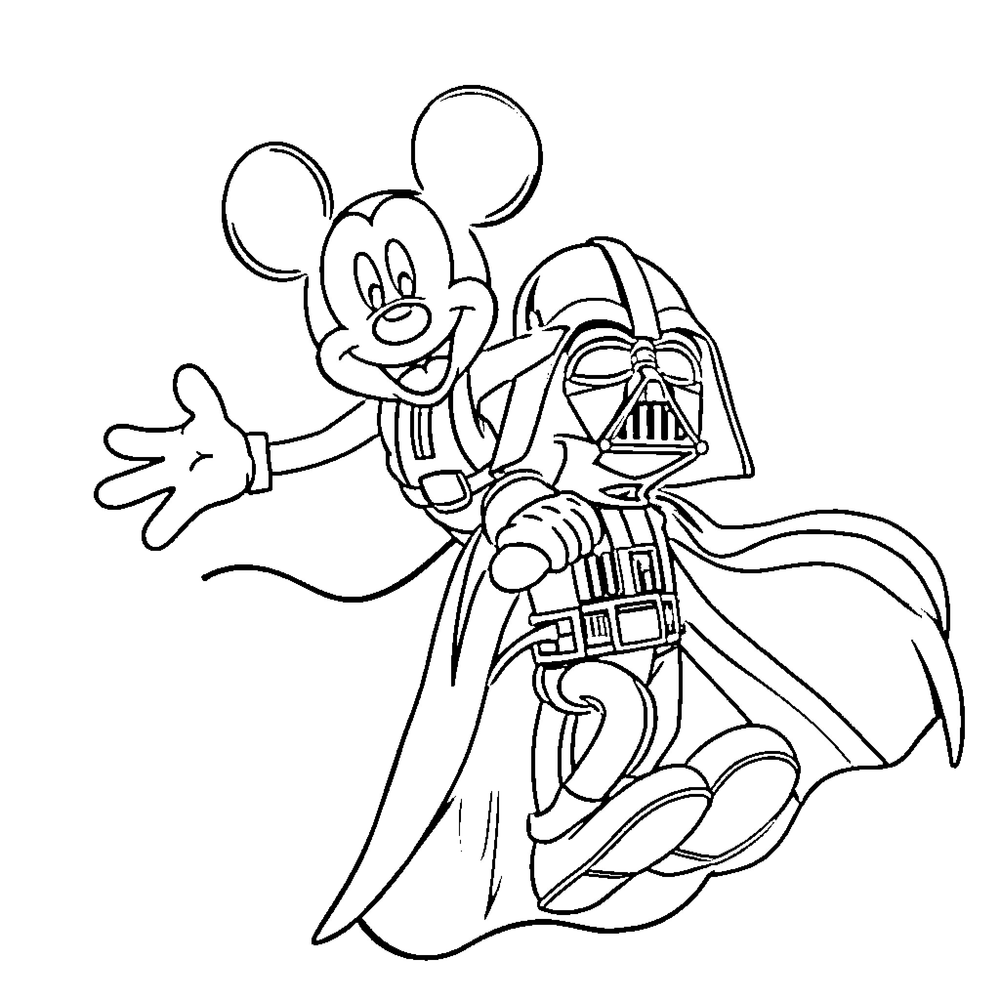 Mickey Mouse interacting with Darth Vader in a playful scene Coloring Page (free black-and-white line drawing printable PDF for all, from beginners to advanced learners, including children, teens, adults, and seniors)